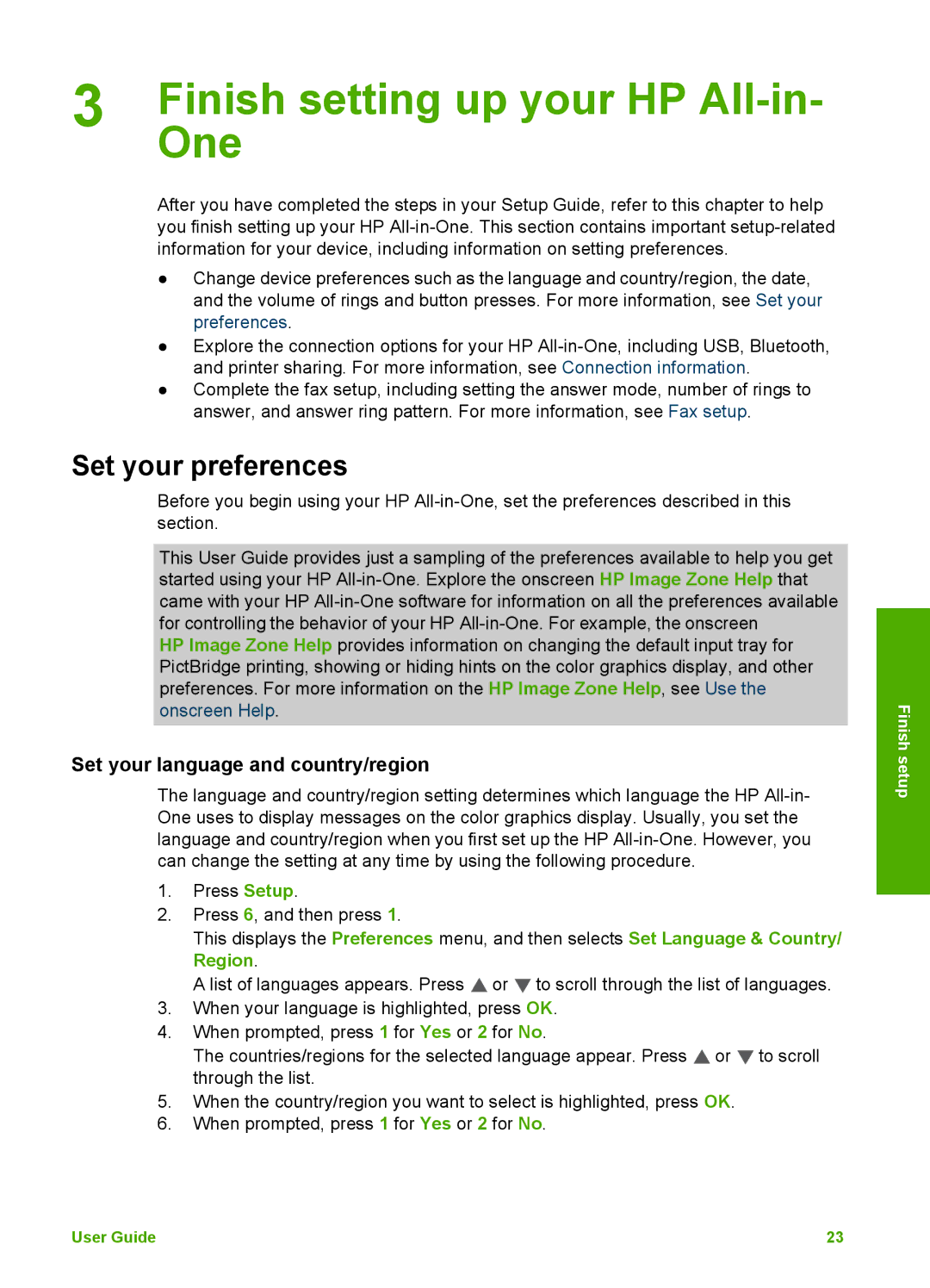 HP 3100 manual Finish setting up your HP All-in, One, Set your preferences, Set your language and country/region 