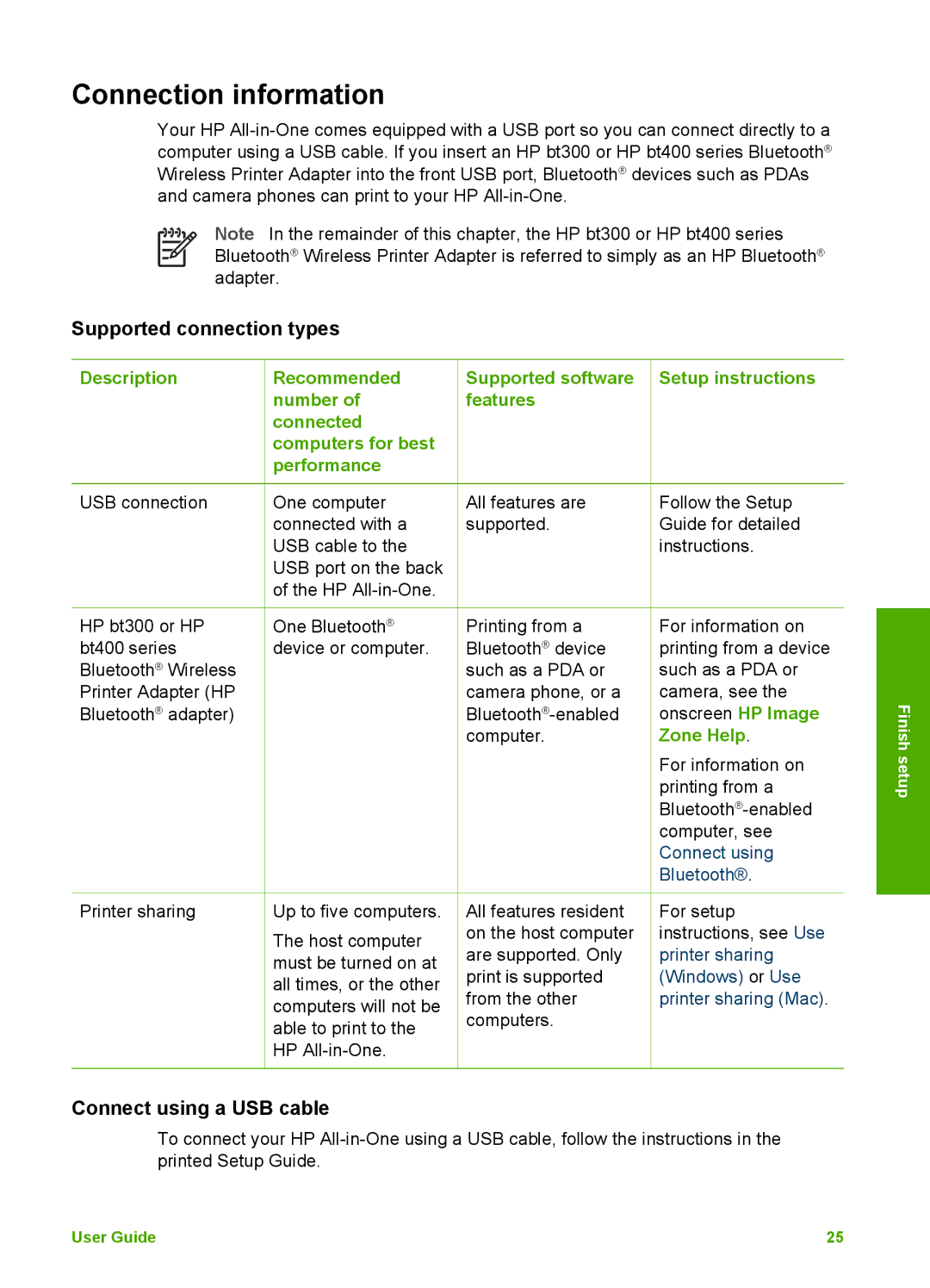 HP 3100 manual Connection information, Supported connection types, Connect using a USB cable 