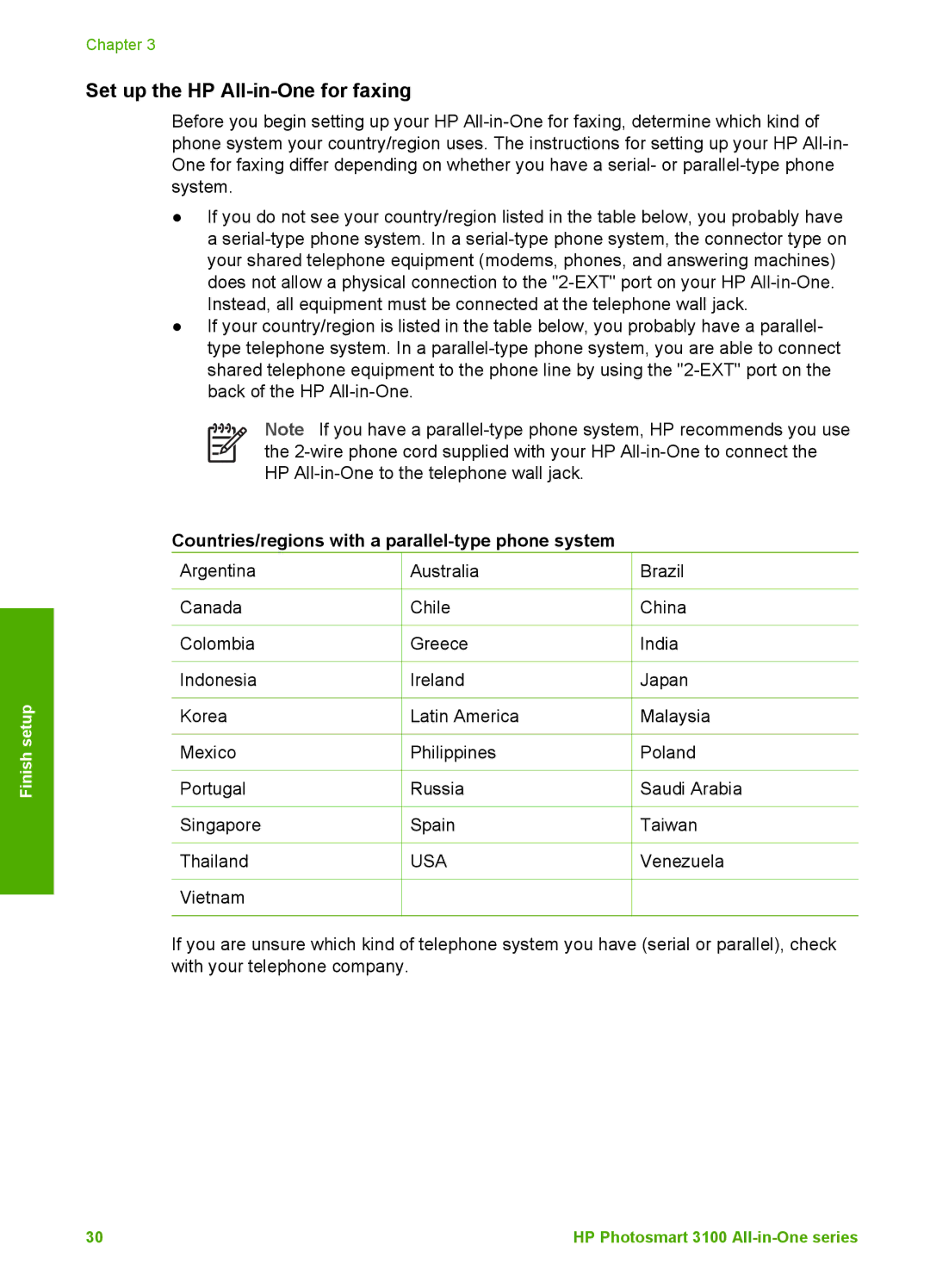 HP 3100 manual Set up the HP All-in-One for faxing, Countries/regions with a parallel-type phone system 