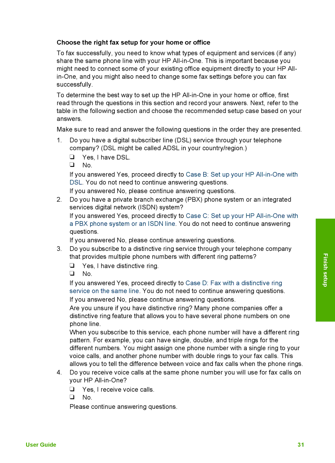 HP 3100 manual Choose the right fax setup for your home or office 