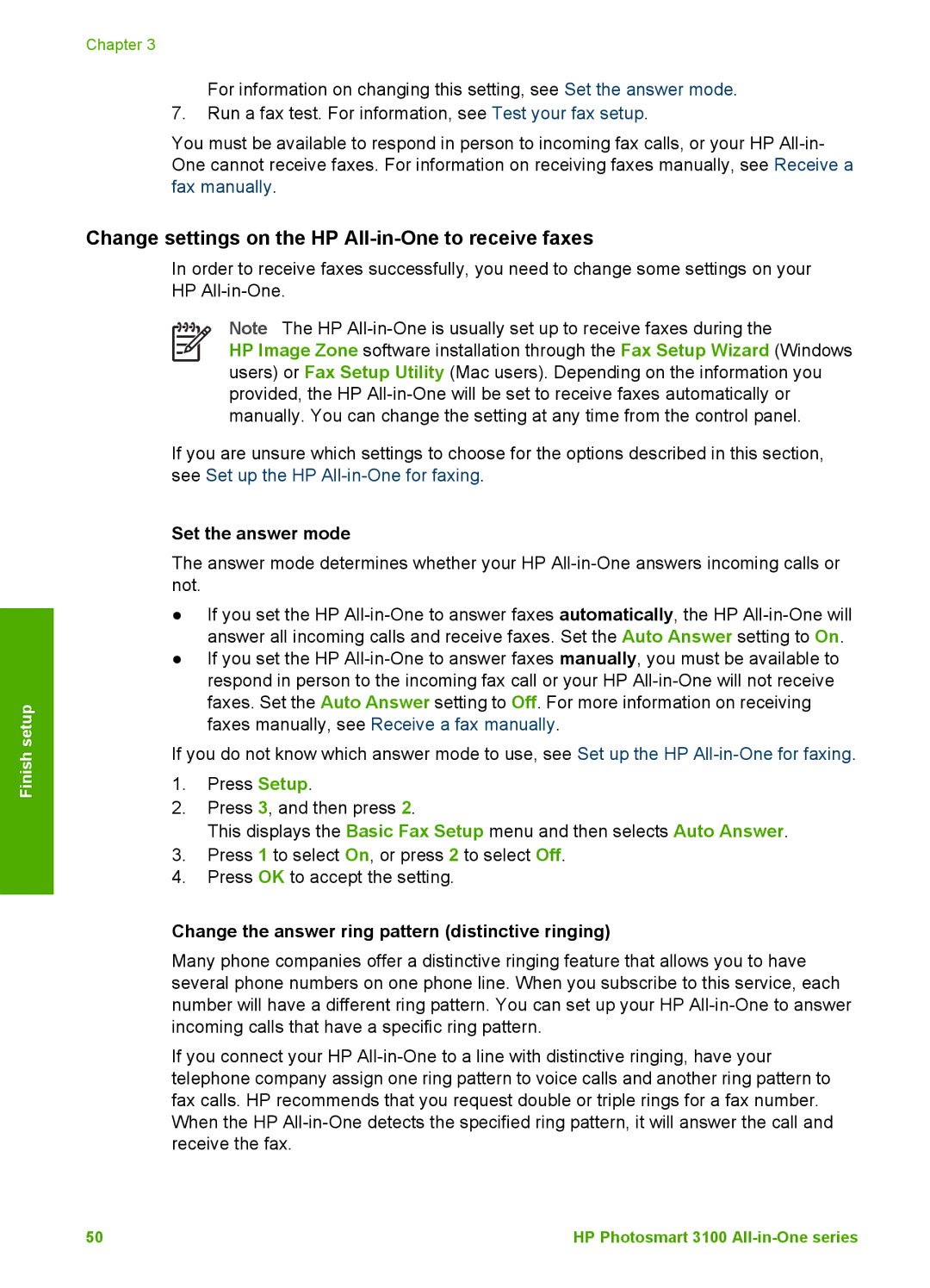 HP 3100 manual Change settings on the HP All-in-One to receive faxes, Set the answer mode 