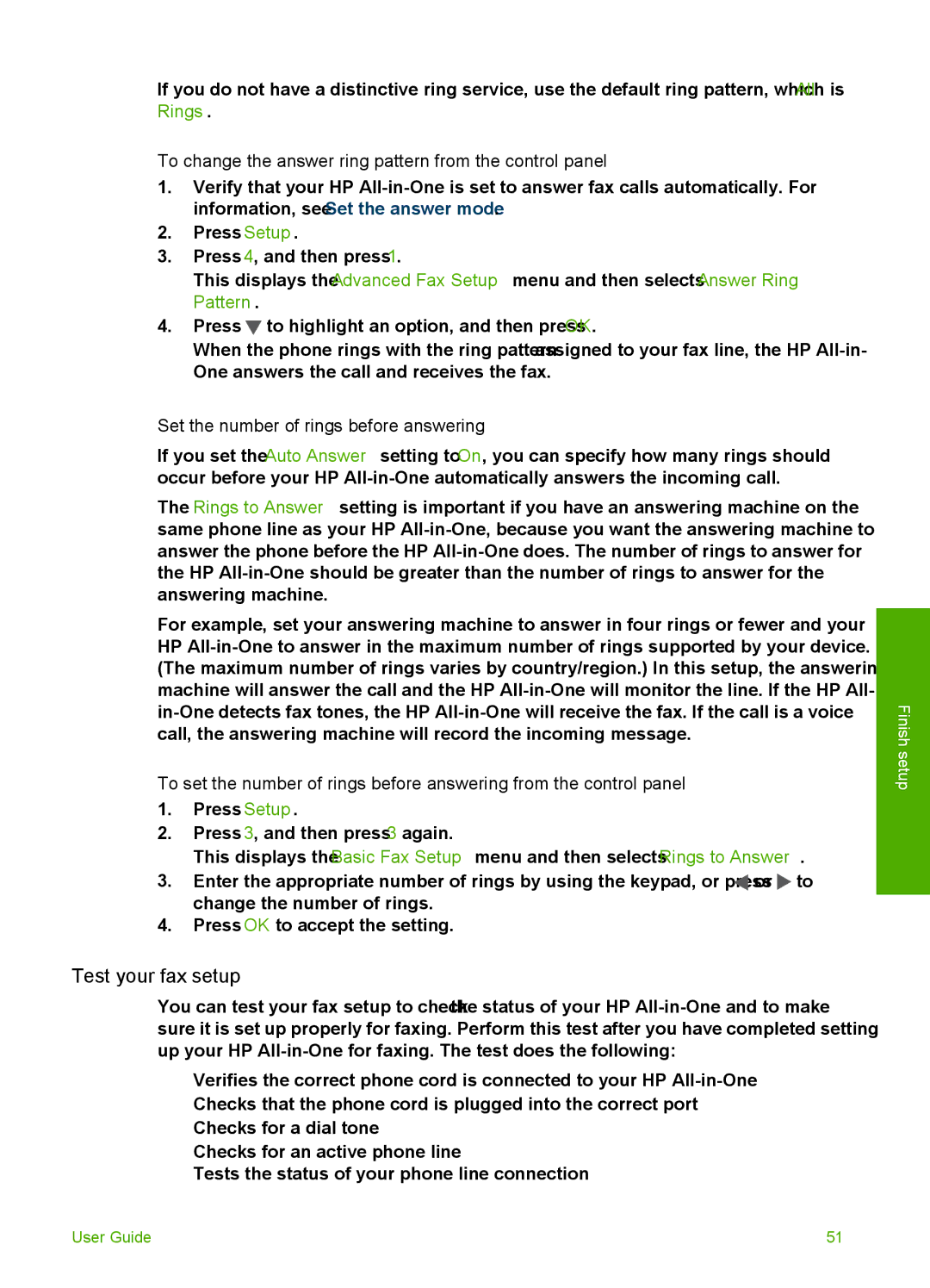 HP 3100 manual Test your fax setup, To change the answer ring pattern from the control panel 