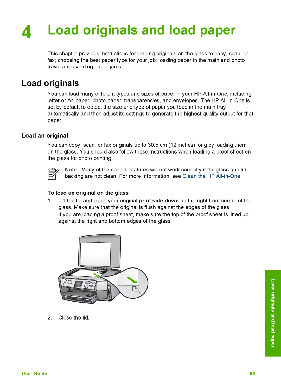 HP 3100 manual Load originals and load paper, Load an original, To load an original on the glass 