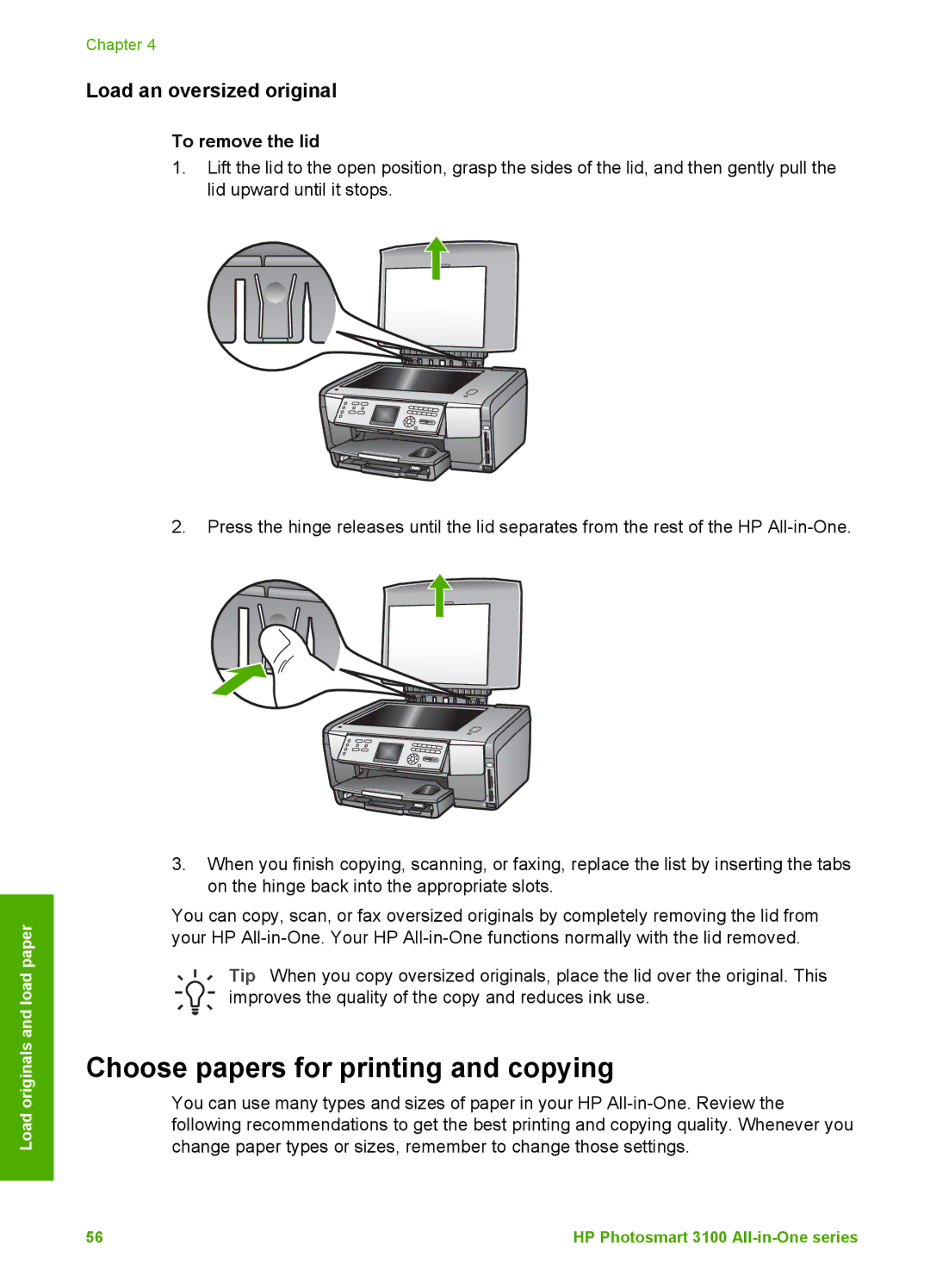 HP 3100 manual Choose papers for printing and copying, Load an oversized original, To remove the lid 