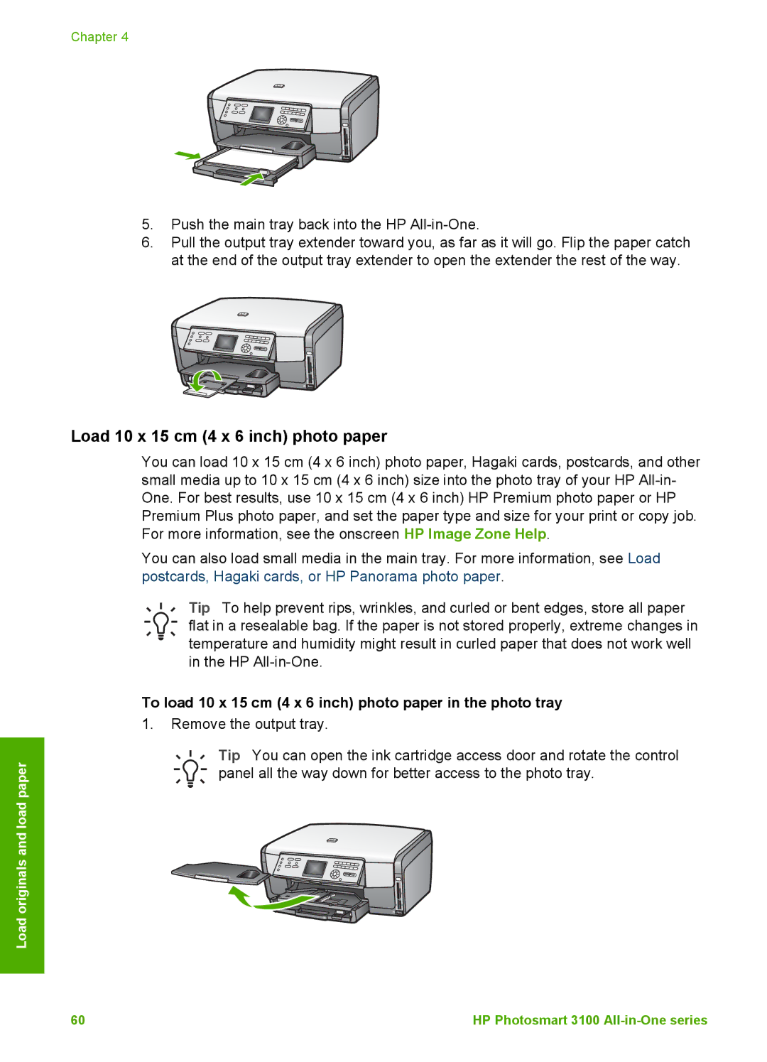 HP 3100 manual Load 10 x 15 cm 4 x 6 inch photo paper, To load 10 x 15 cm 4 x 6 inch photo paper in the photo tray 