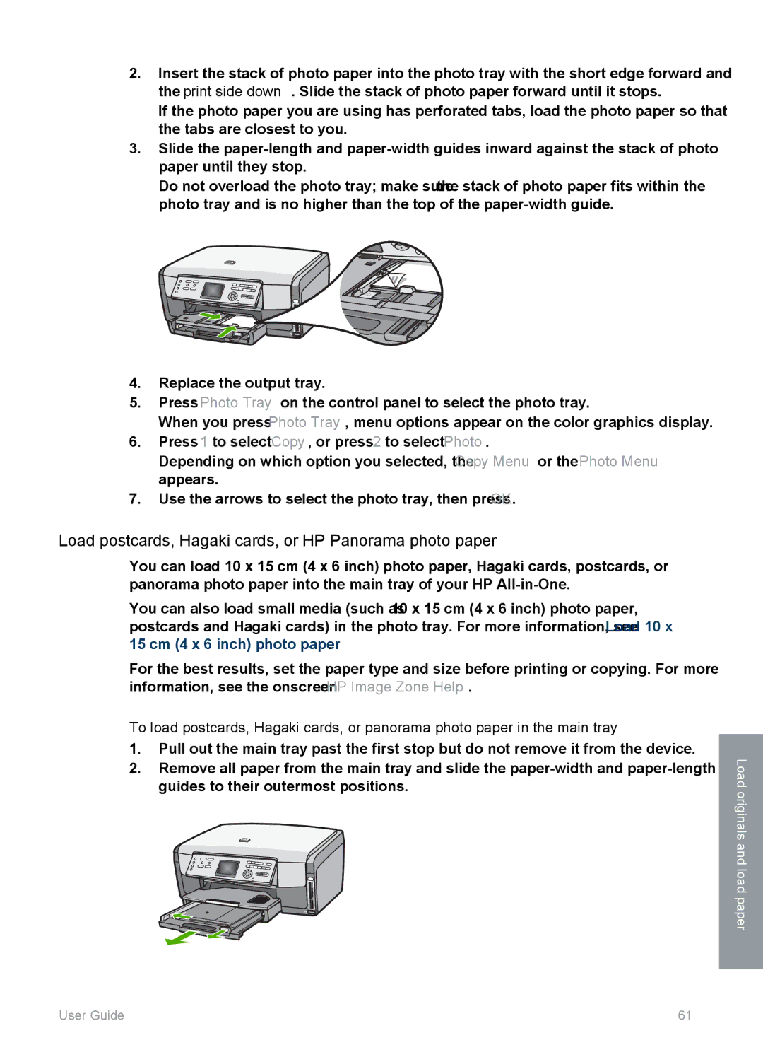 HP 3100 manual Load postcards, Hagaki cards, or HP Panorama photo paper 