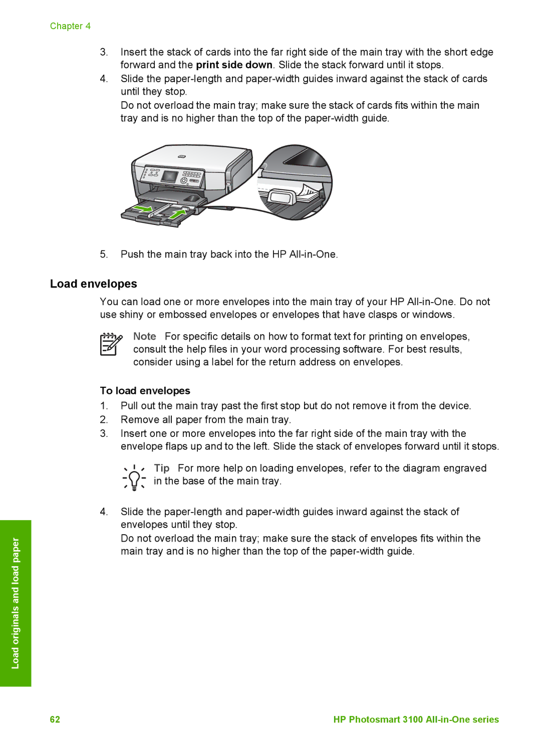 HP 3100 manual Load envelopes, To load envelopes 