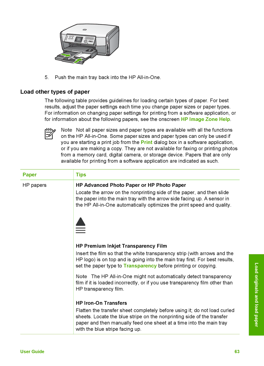 HP 3100 manual Load other types of paper, HP Premium Inkjet Transparency Film, HP Iron-On Transfers 