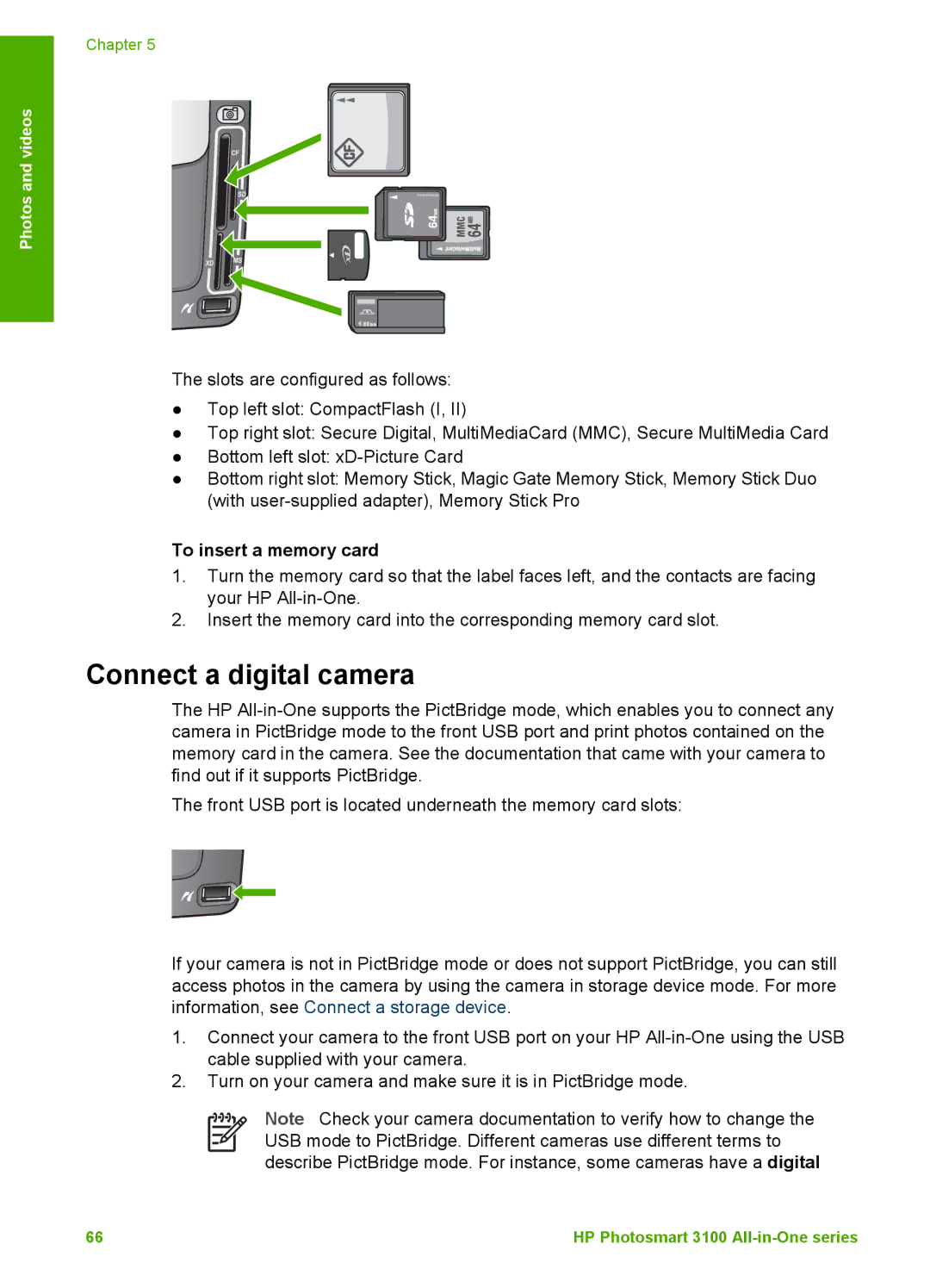 HP 3100 manual Connect a digital camera, To insert a memory card 