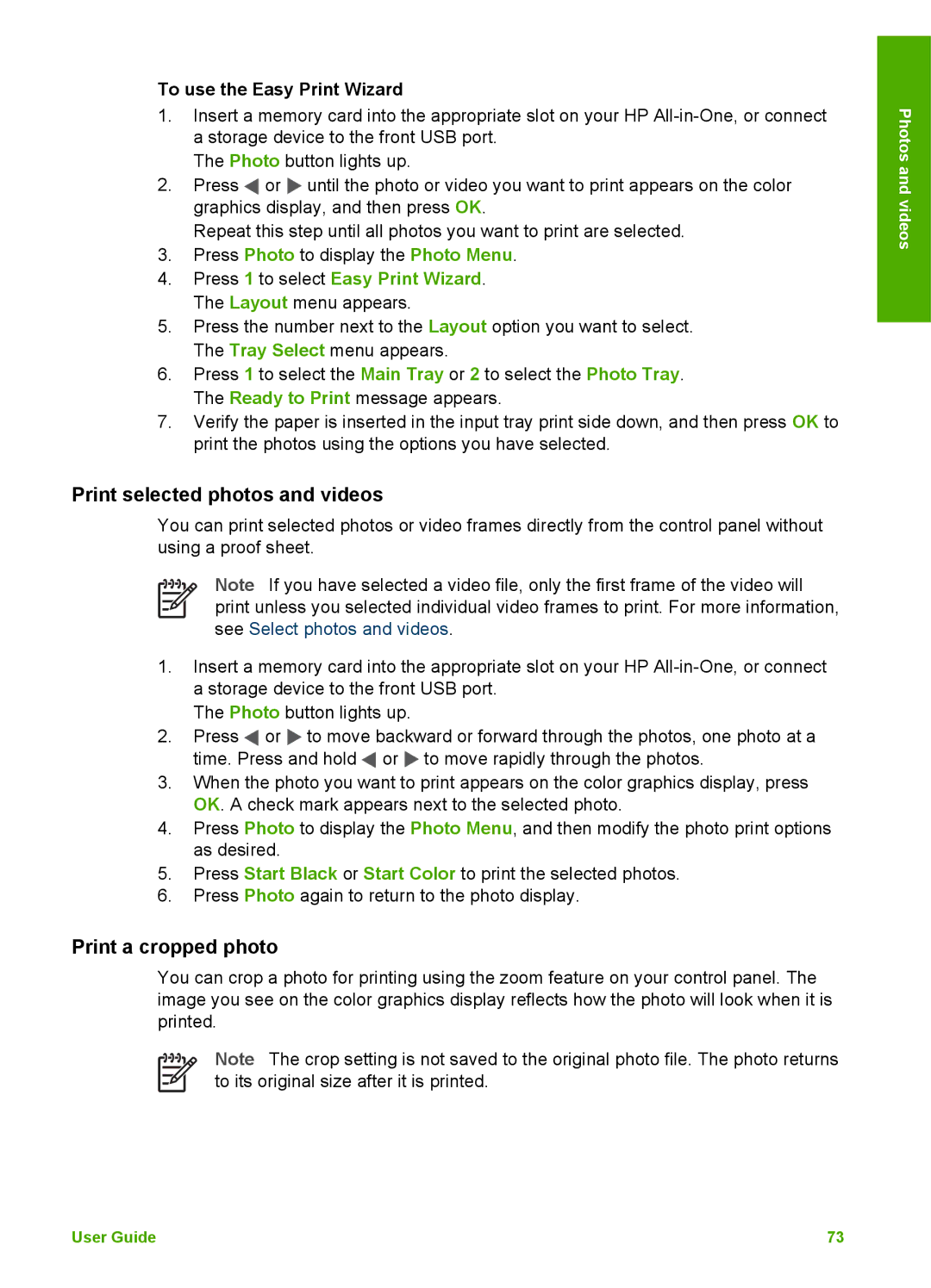 HP 3100 manual Print selected photos and videos, Print a cropped photo, To use the Easy Print Wizard 