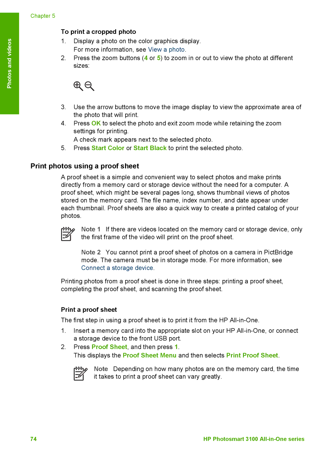 HP 3100 manual Print photos using a proof sheet, To print a cropped photo, Print a proof sheet 