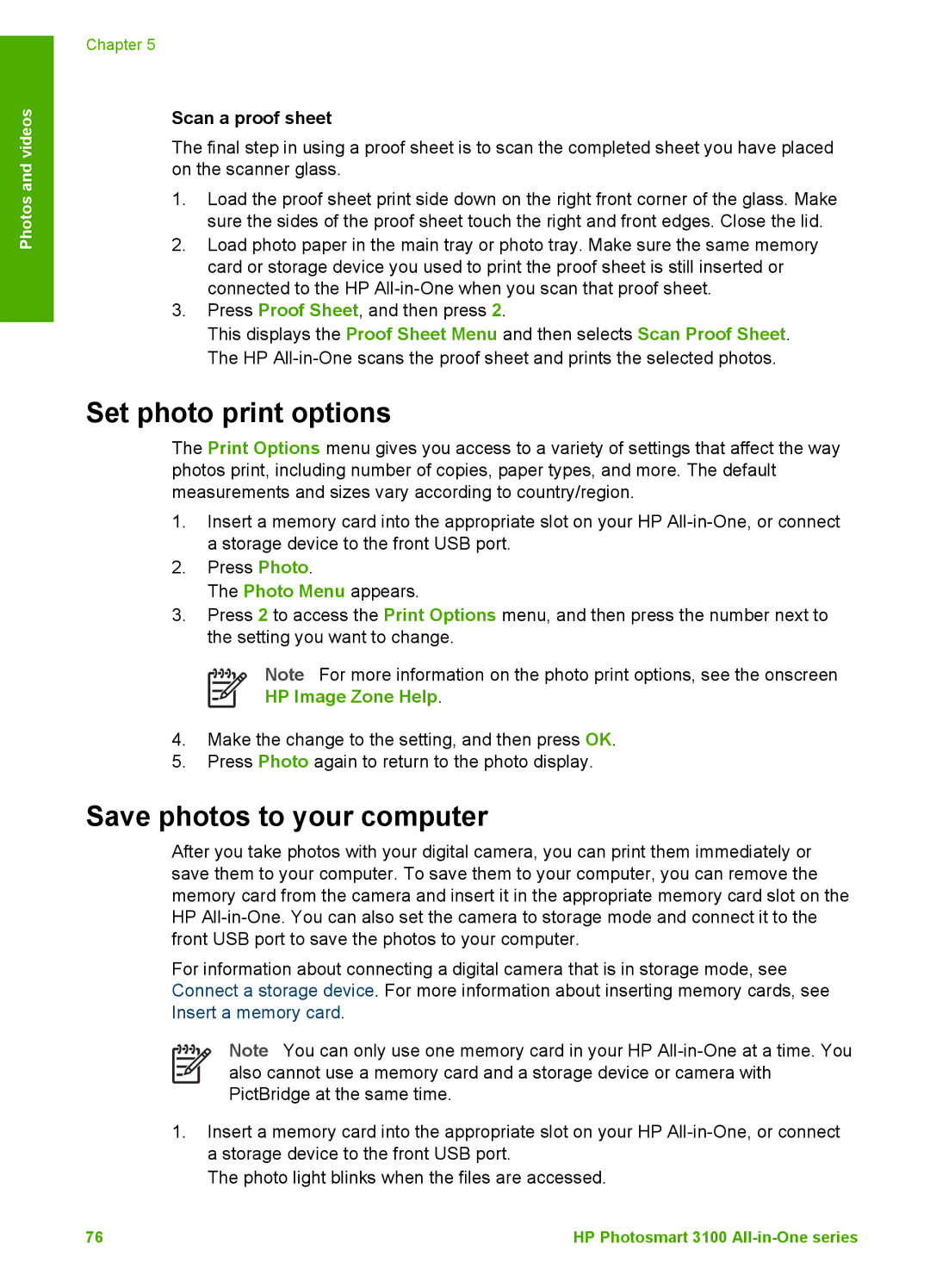 HP 3100 manual Set photo print options, Save photos to your computer, Scan a proof sheet 