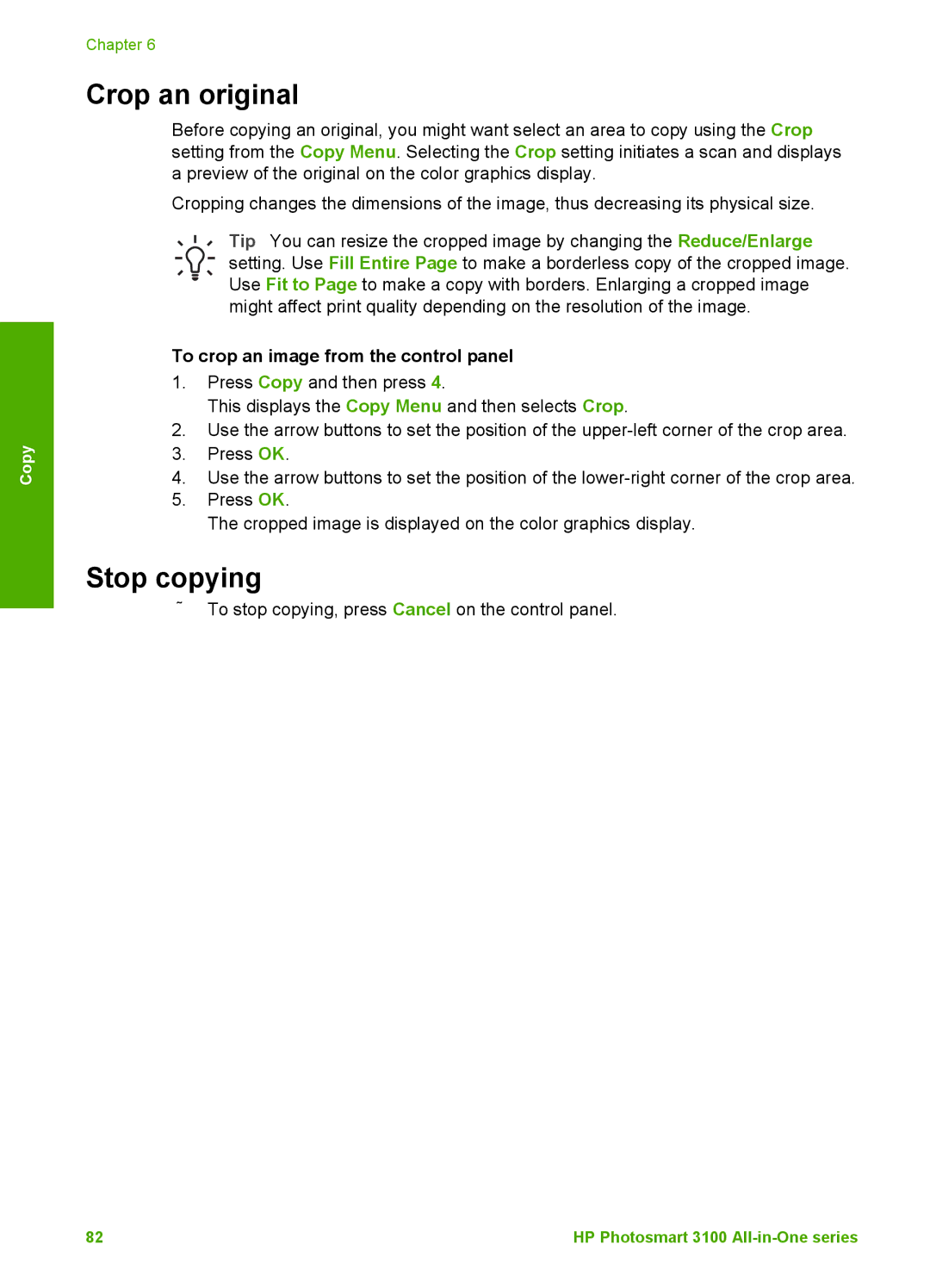 HP 3100 manual Crop an original, Stop copying, To crop an image from the control panel 