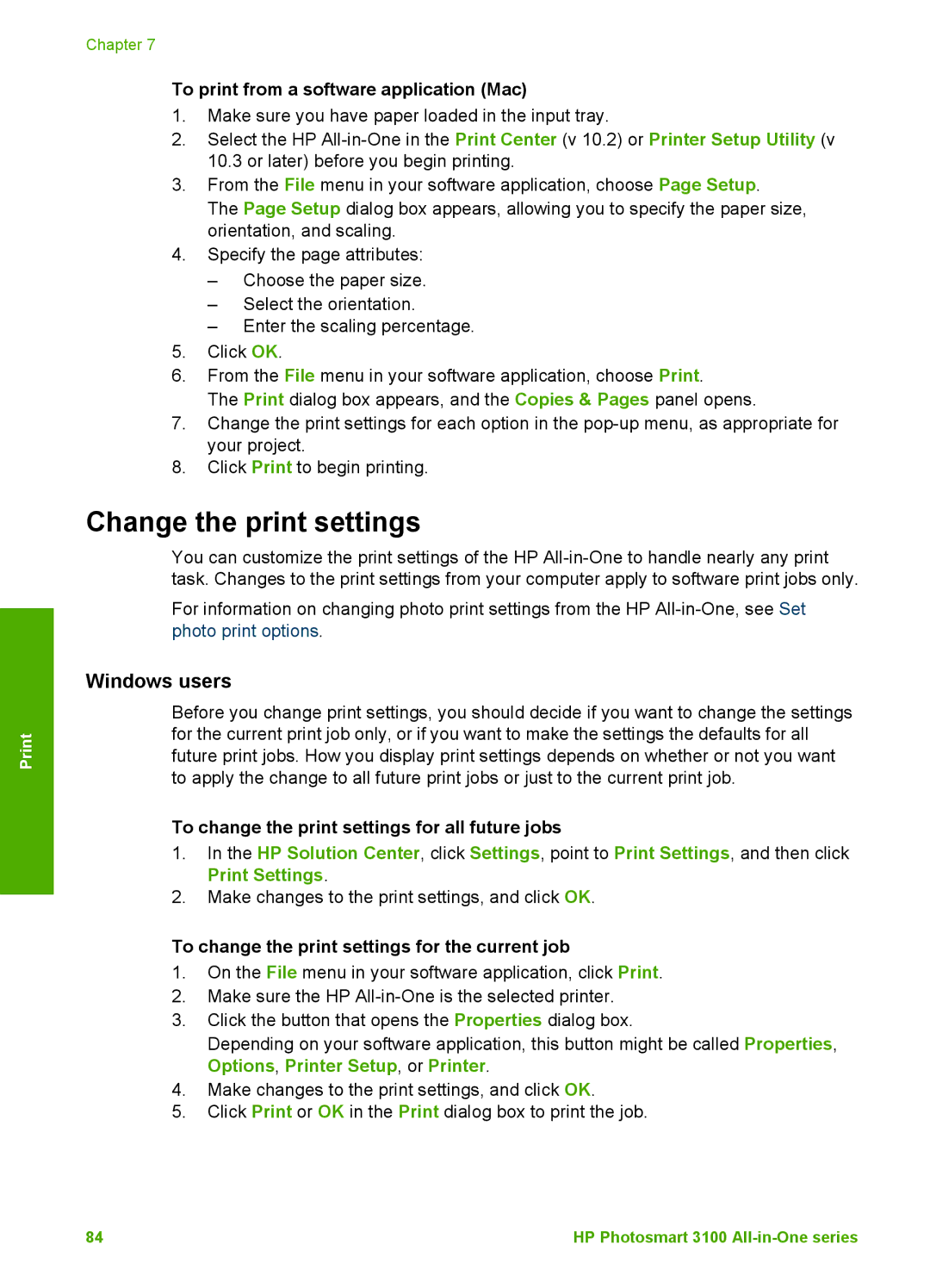 HP 3100 manual Change the print settings, Windows users, To print from a software application Mac 