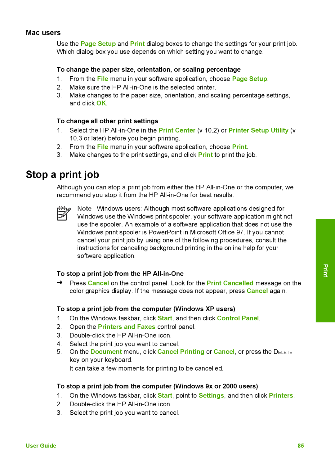 HP 3100 manual Stop a print job, Mac users, To change all other print settings, To stop a print job from the HP All-in-One 