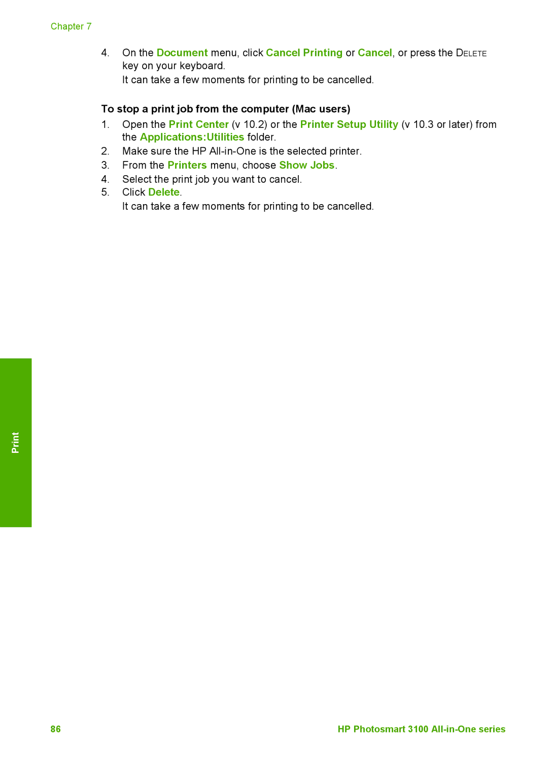 HP 3100 manual To stop a print job from the computer Mac users 