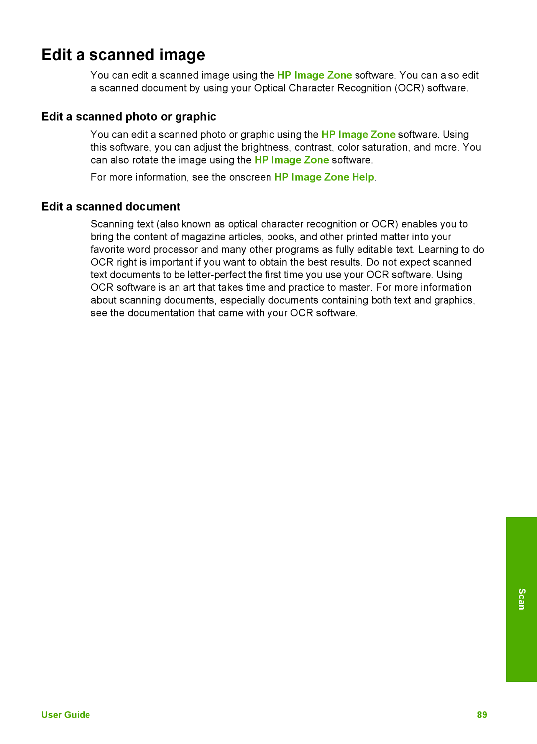 HP 3100 manual Edit a scanned image, Edit a scanned photo or graphic, Edit a scanned document 