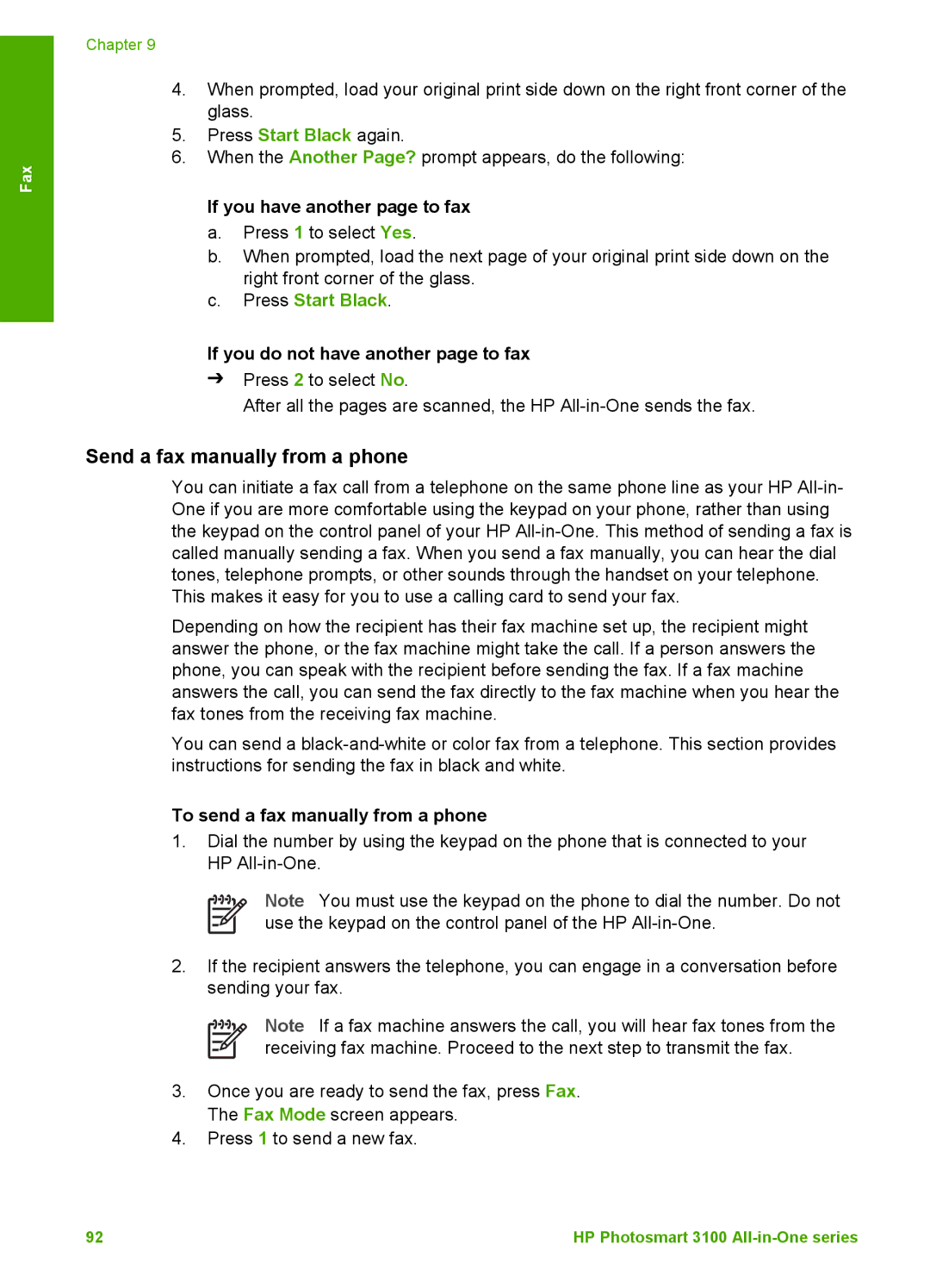 HP 3100 Send a fax manually from a phone, If you have another page to fax a. Press 1 to select Yes 