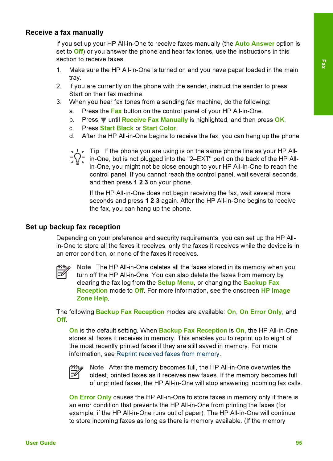 HP 3100 Receive a fax manually, Set up backup fax reception 