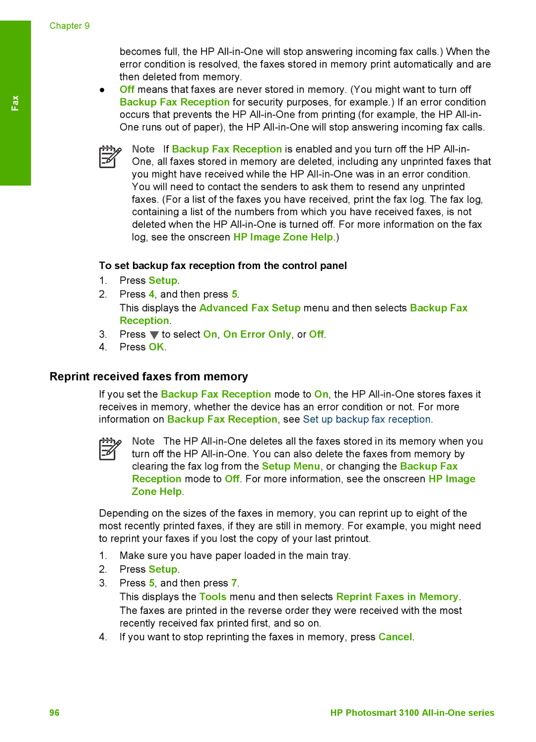 HP 3100 manual Reprint received faxes from memory, To set backup fax reception from the control panel 