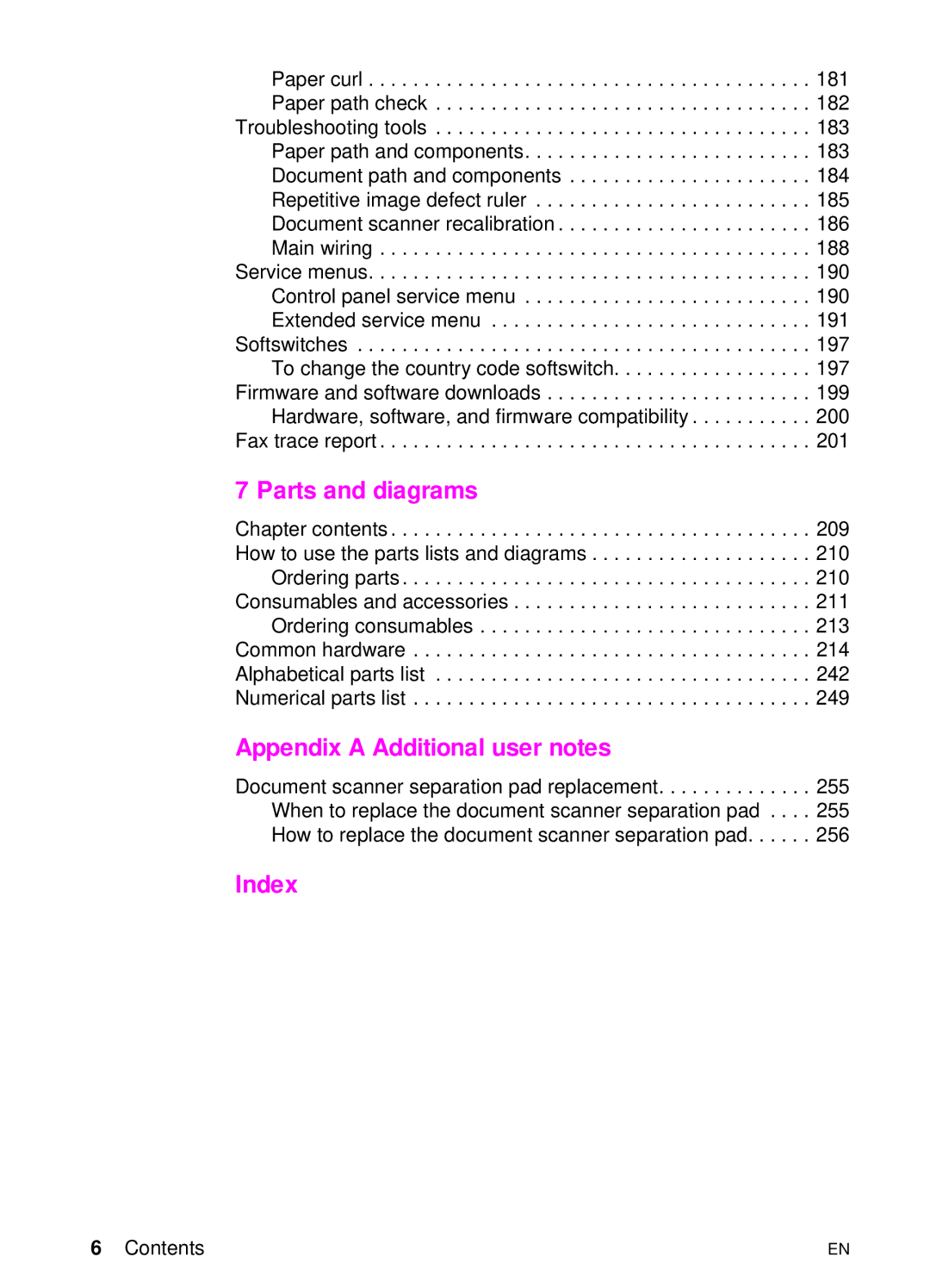 HP 3100 manual Parts and diagrams, Appendix a Additional user notes, Index 