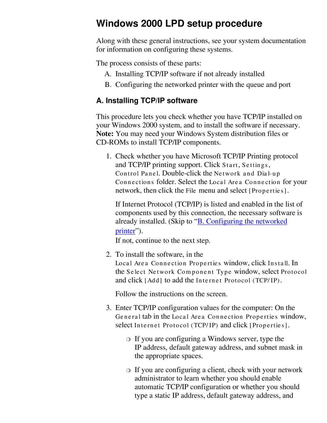 HP 175X, 310X manual Windows 2000 LPD setup procedure, Printer 