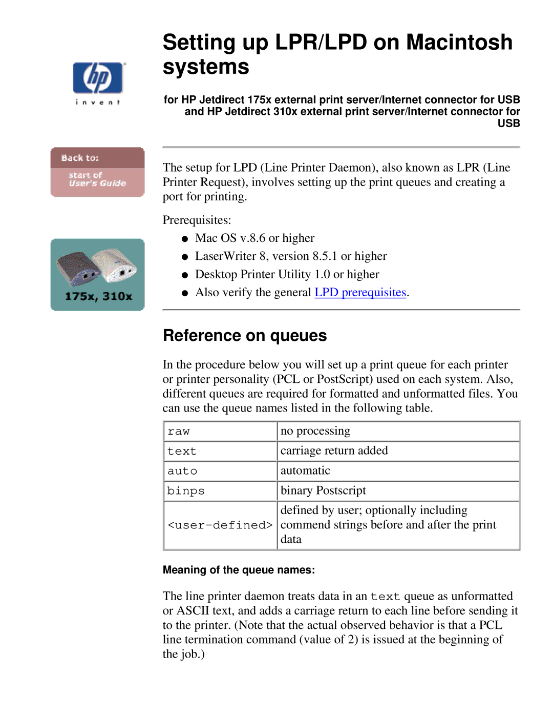 HP 310X, 175X manual Setting up LPR/LPD on Macintosh systems, Reference on queues 