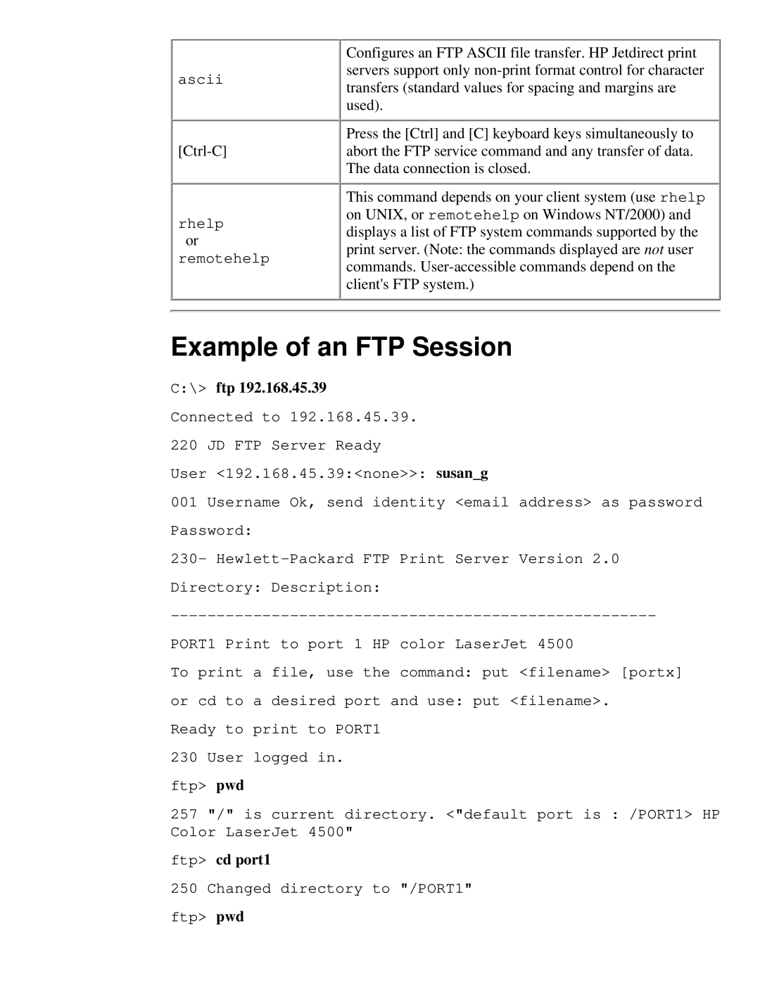 HP 310X, 175X manual Example of an FTP Session 