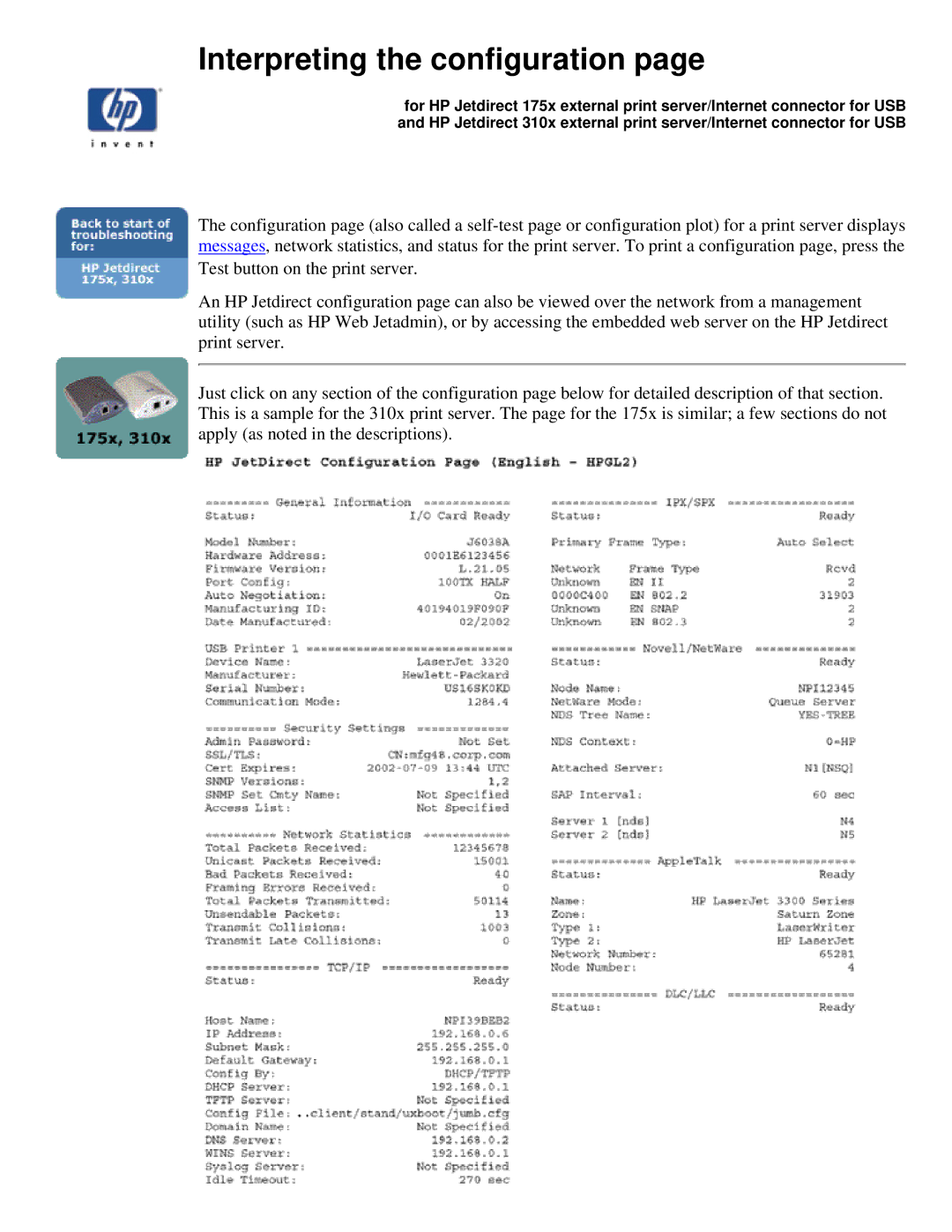 HP 310X, 175X manual Interpreting the configuration 