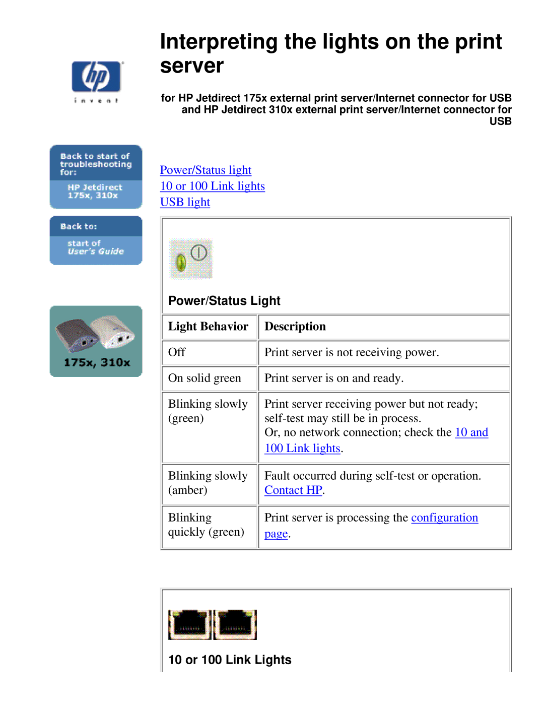 HP 310X, 175X manual Interpreting the lights on the print server, Power/Status Light, 10 or 100 Link Lights 