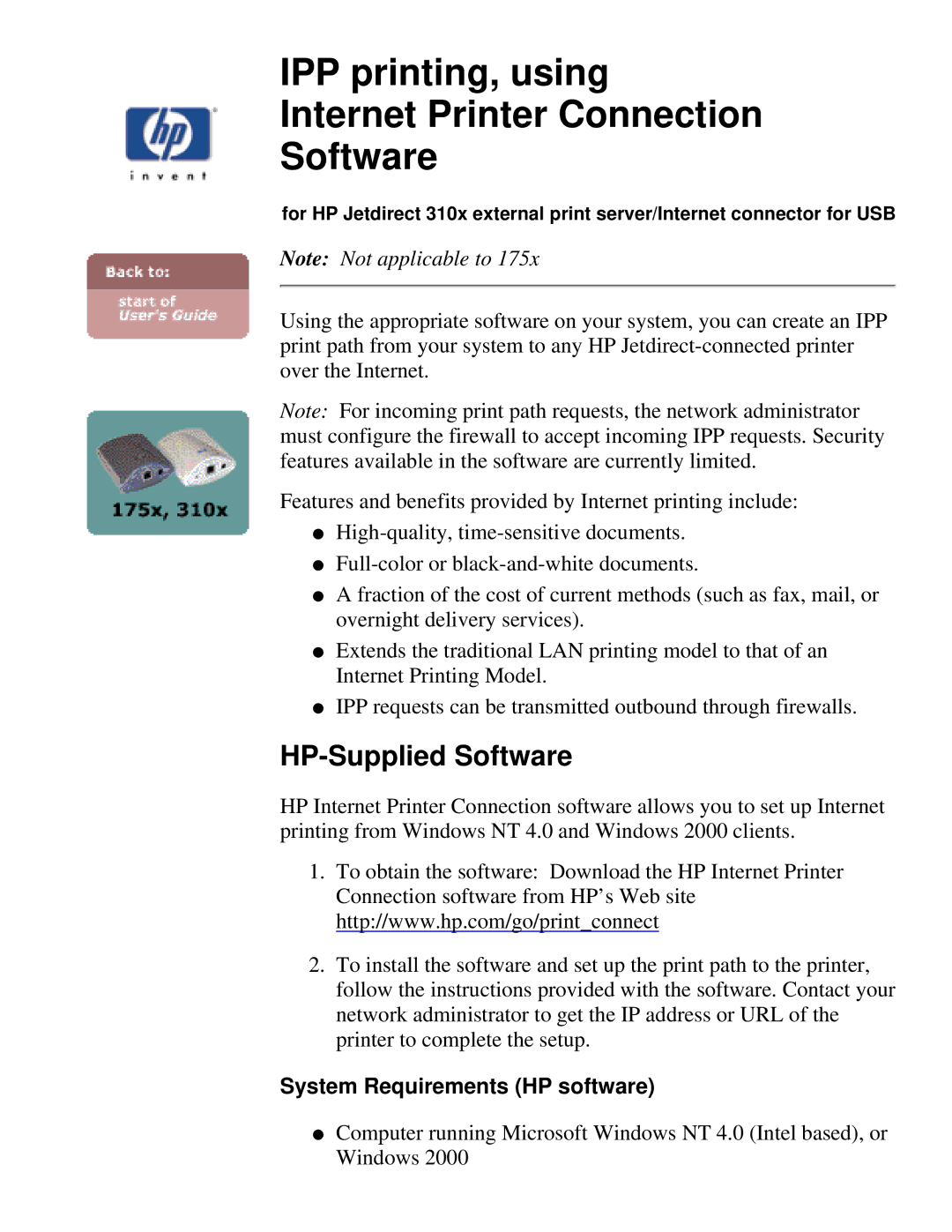 HP 310X IPP printing, using Internet Printer Connection Software, HP-Supplied Software, System Requirements HP software 