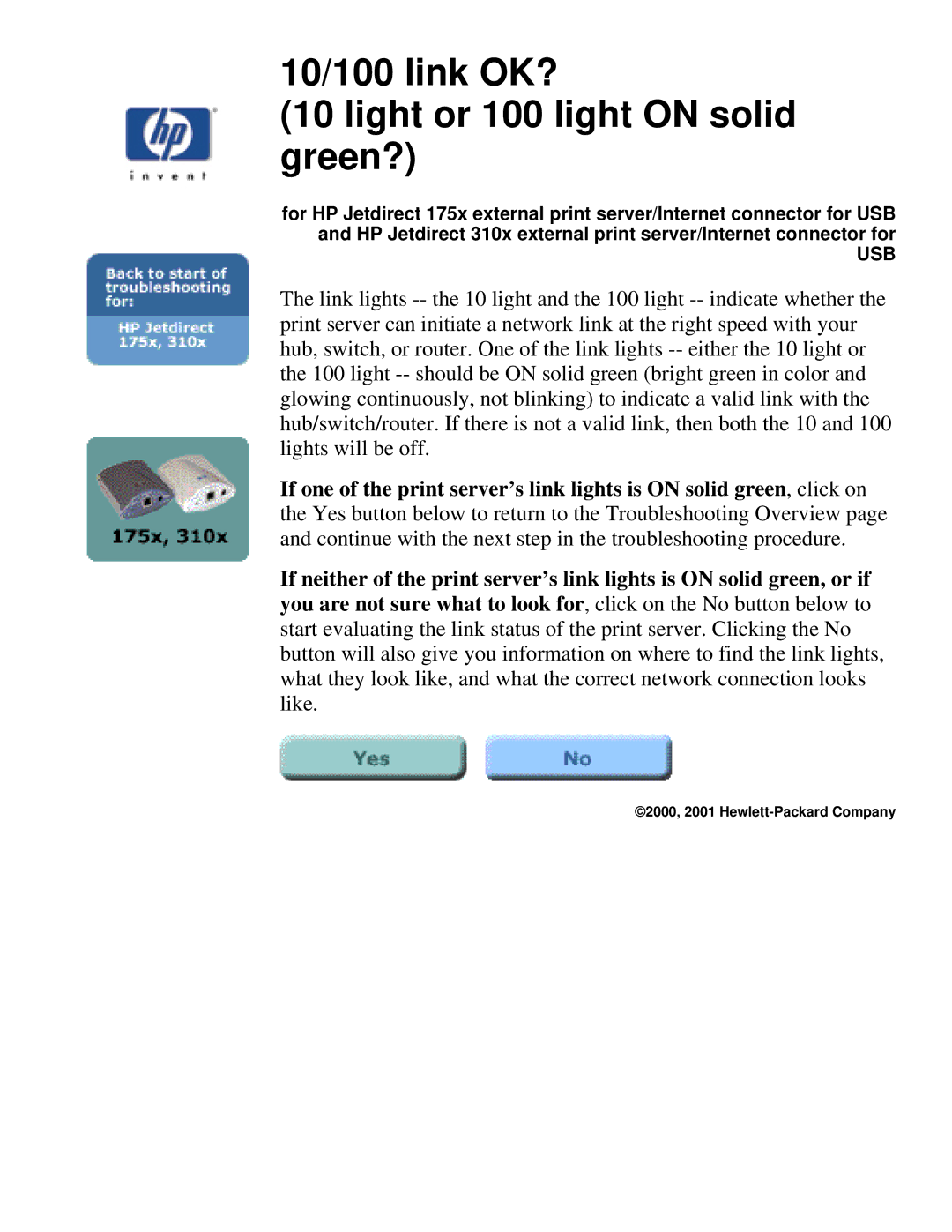 HP 175X, 310X manual 10/100 link OK? Light or 100 light on solid green? 