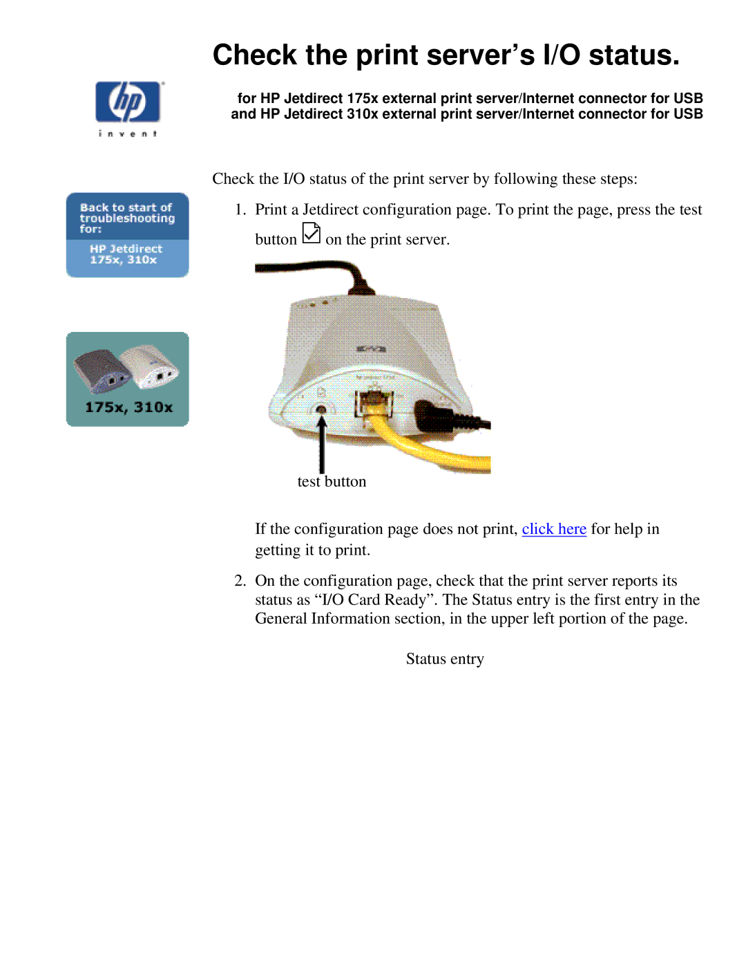 HP 310X, 175X manual Check the print server’s I/O status 