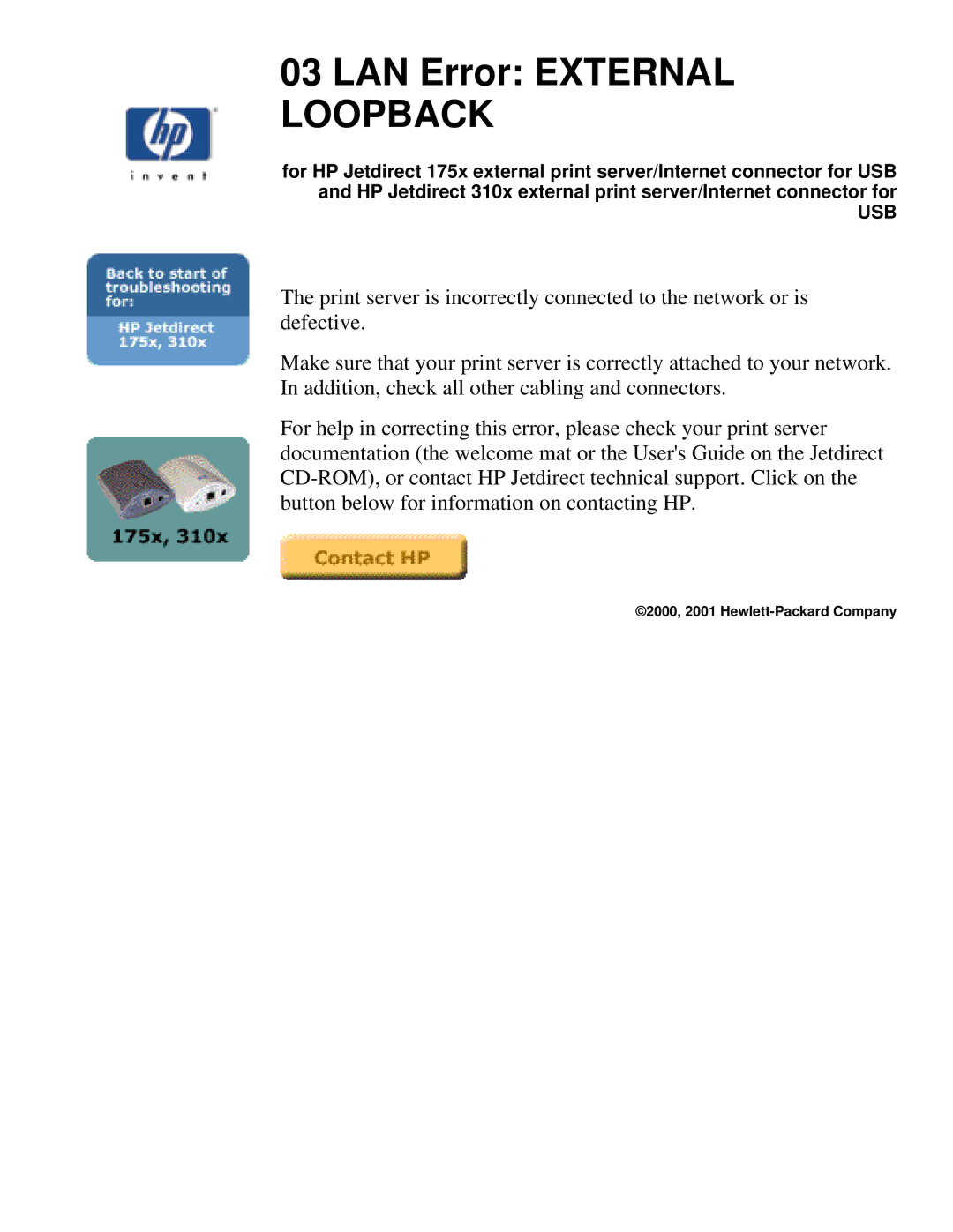 HP 310X, 175X manual LAN Error External Loopback 