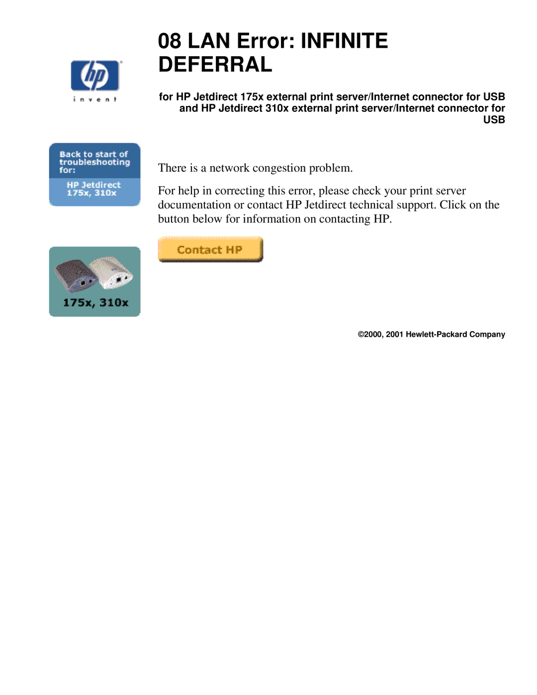 HP 175X, 310X manual LAN Error Infinite Deferral 