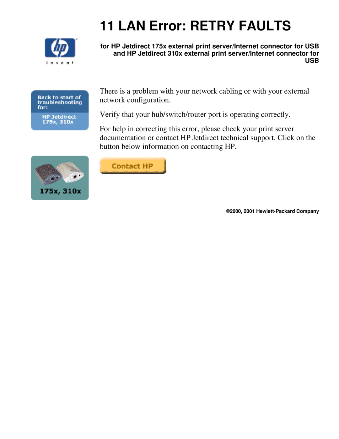 HP 310X, 175X manual LAN Error Retry Faults 