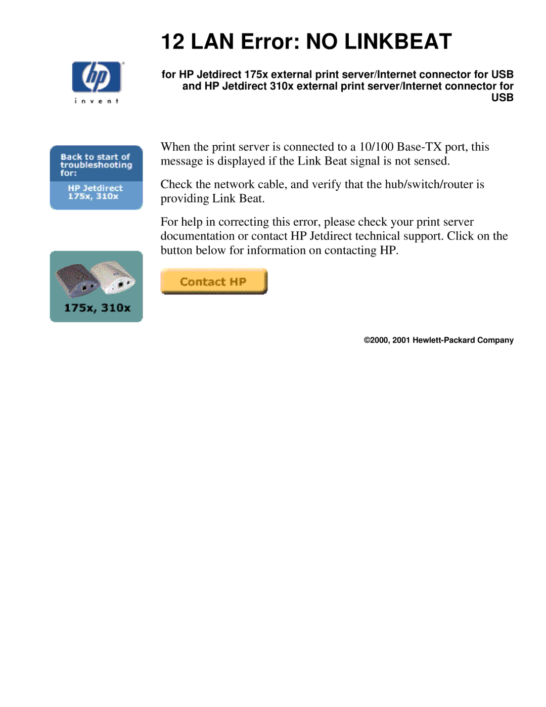HP 175X, 310X manual LAN Error no Linkbeat 