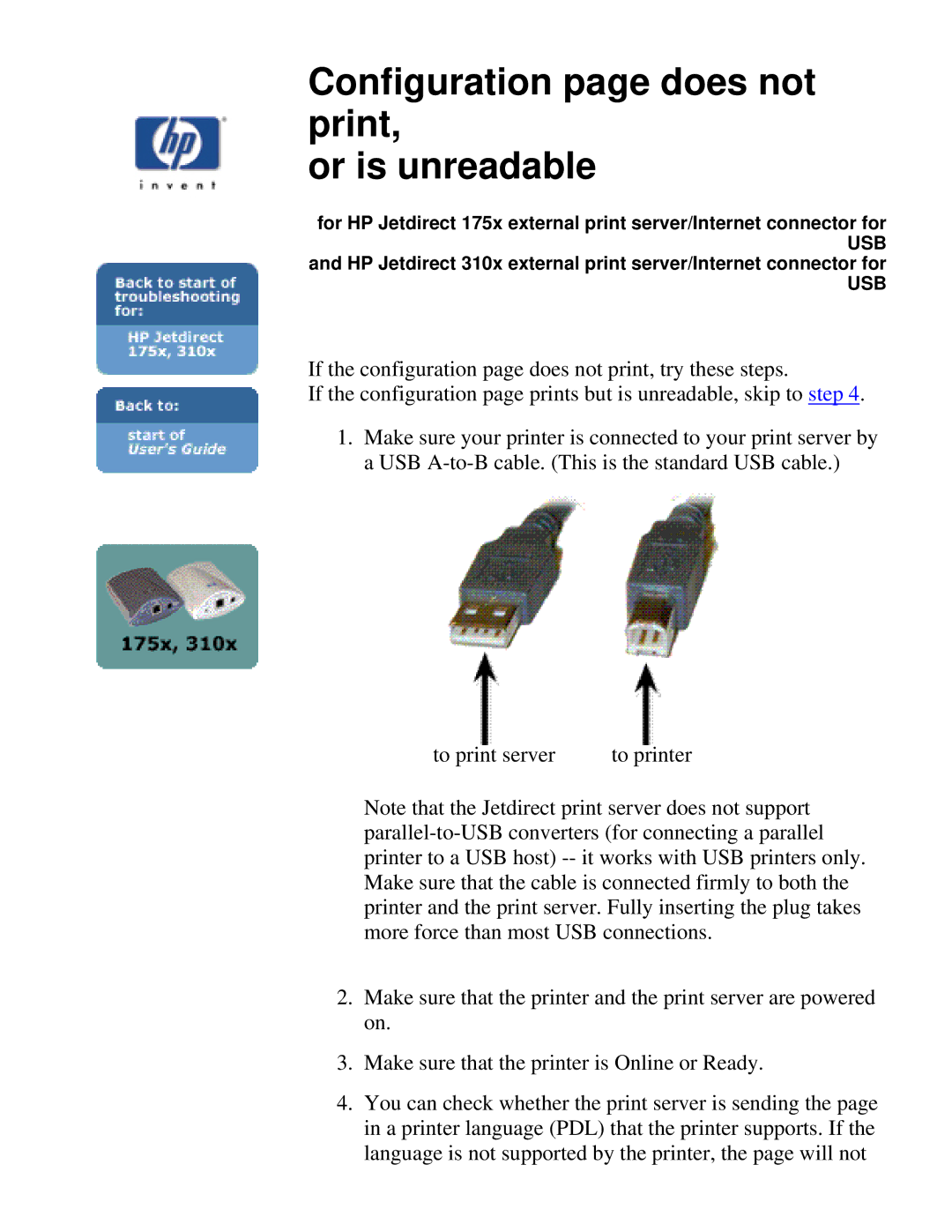 HP 175X, 310X manual Configuration page does not print Or is unreadable 