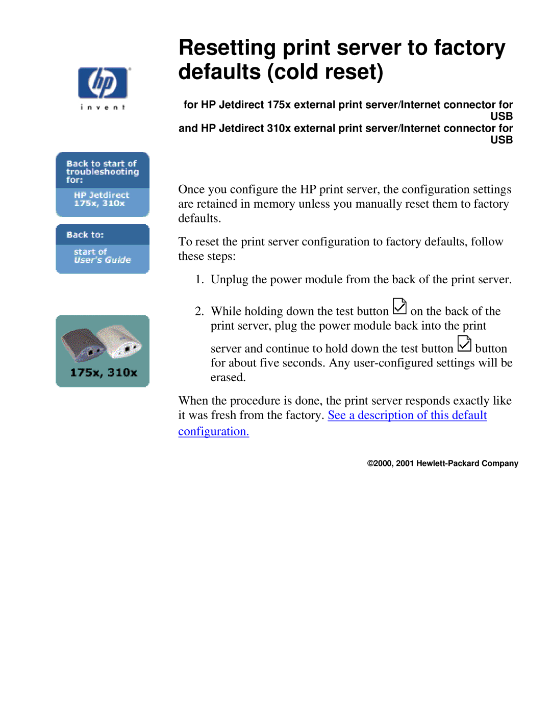 HP 310X, 175X manual Resetting print server to factory defaults cold reset 
