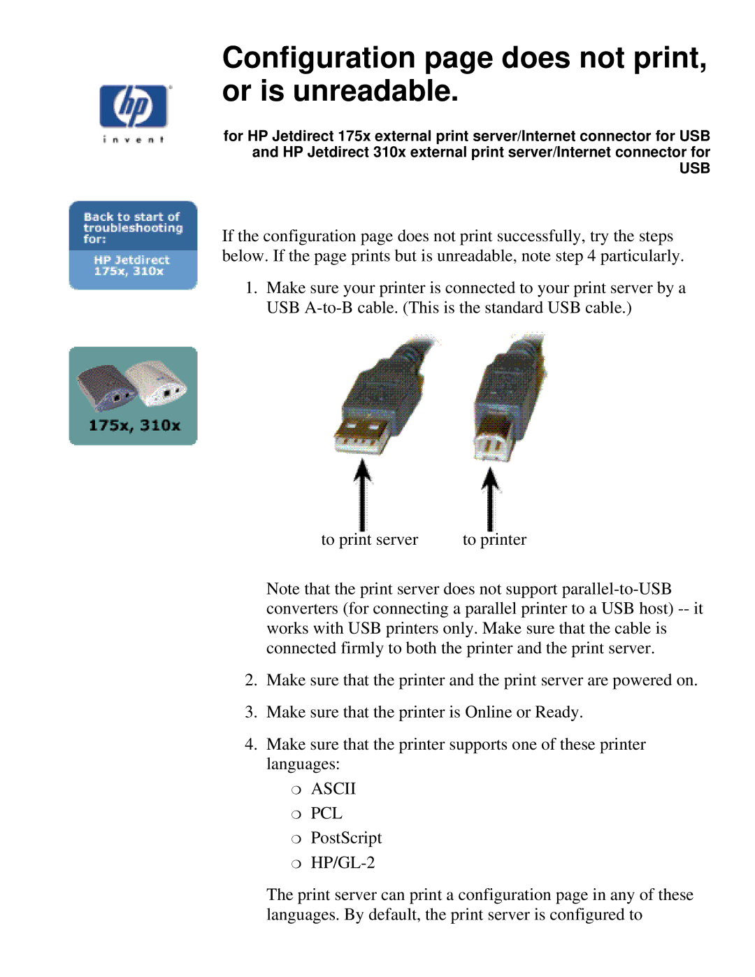 HP 175X, 310X manual Configuration page does not print, or is unreadable 