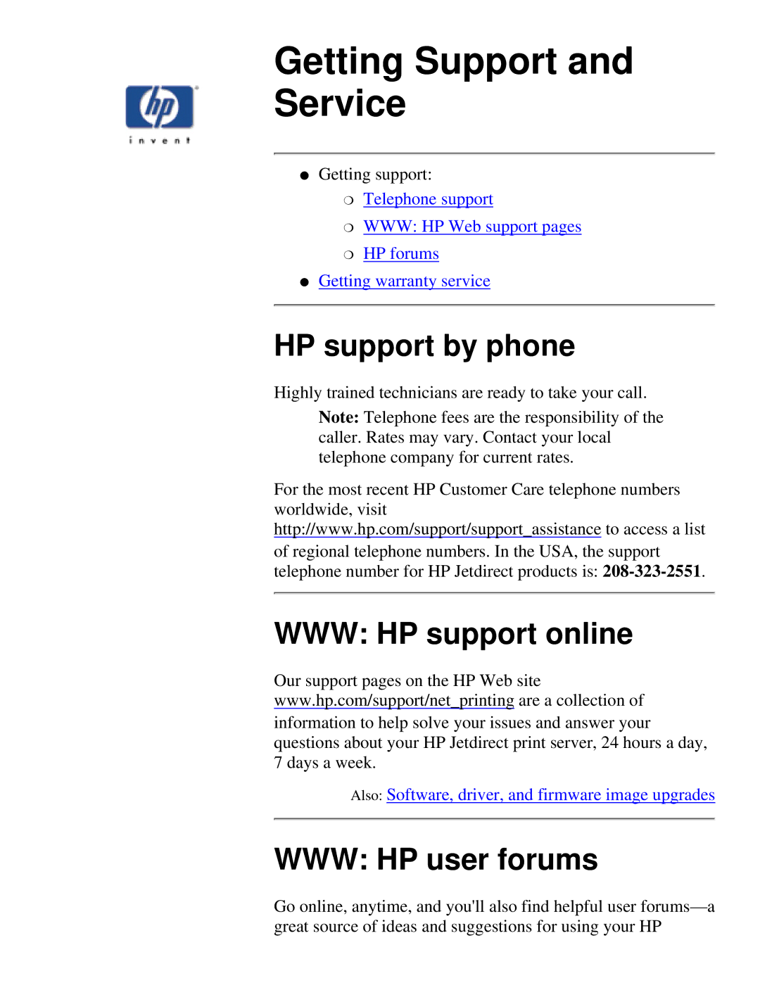 HP 175X, 310X manual HP support by phone, WWW HP support online, WWW HP user forums 