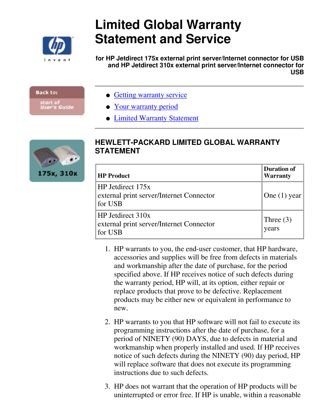 HP 310X, 175X manual Limited Global Warranty Statement and Service, HEWLETT-PACKARD Limited Global Warranty Statement 