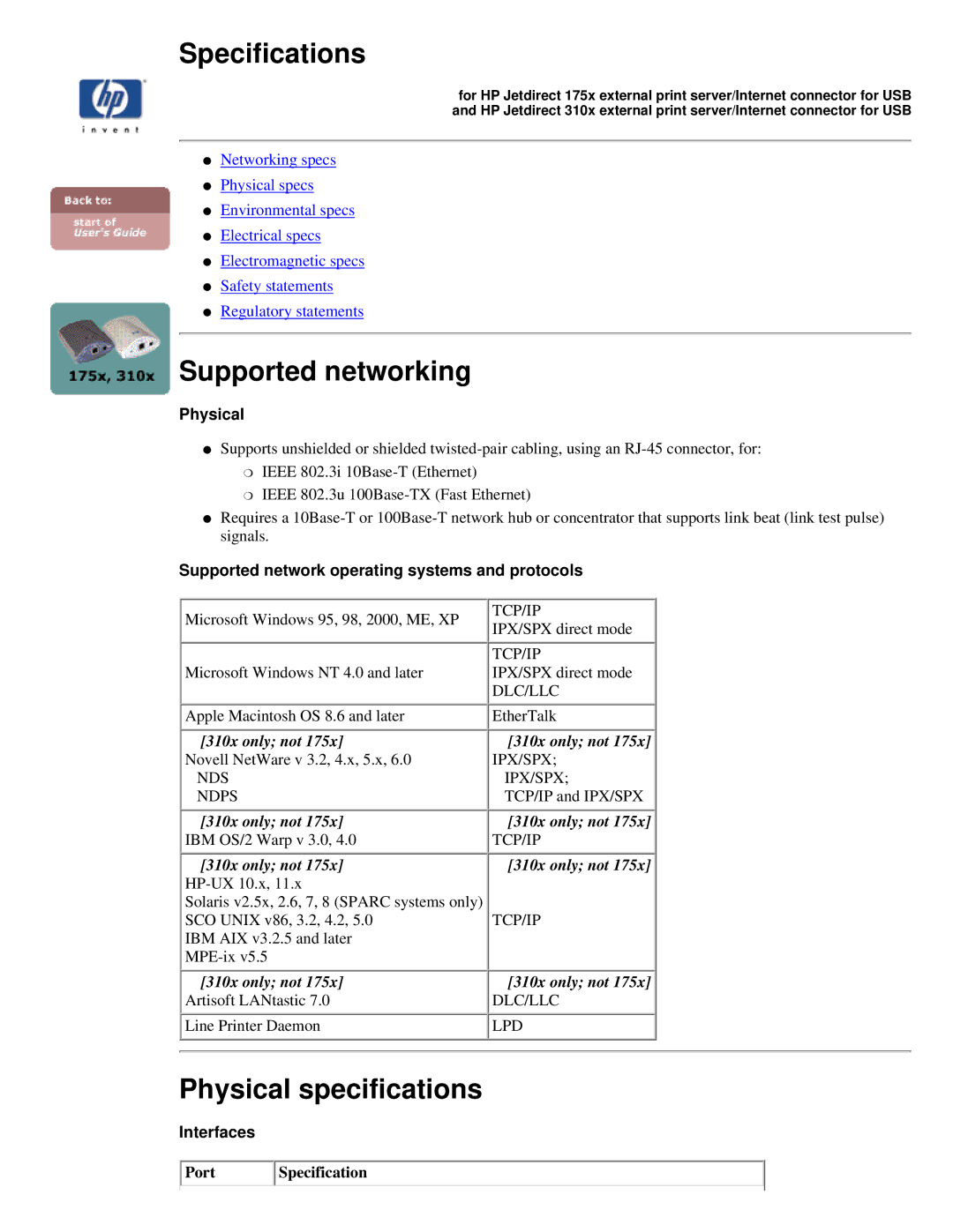 HP 310X, 175X manual Specifications, Supported networking, Physical specifications 