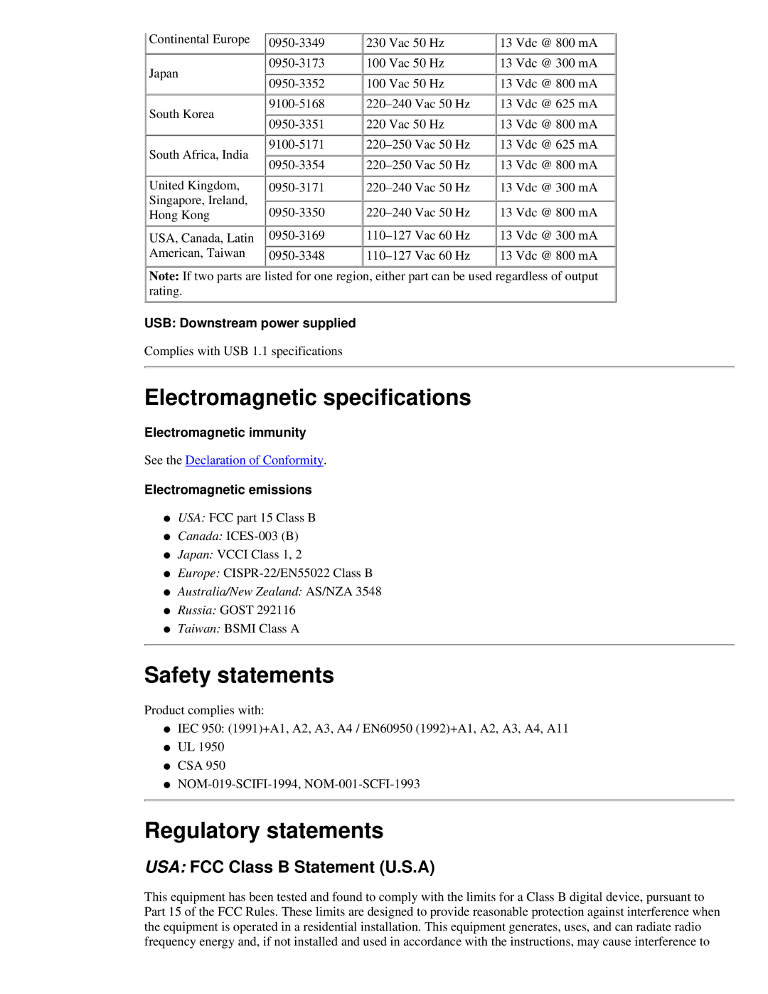 HP 310X, 175X manual Electromagnetic specifications, Safety statements, Regulatory statements 