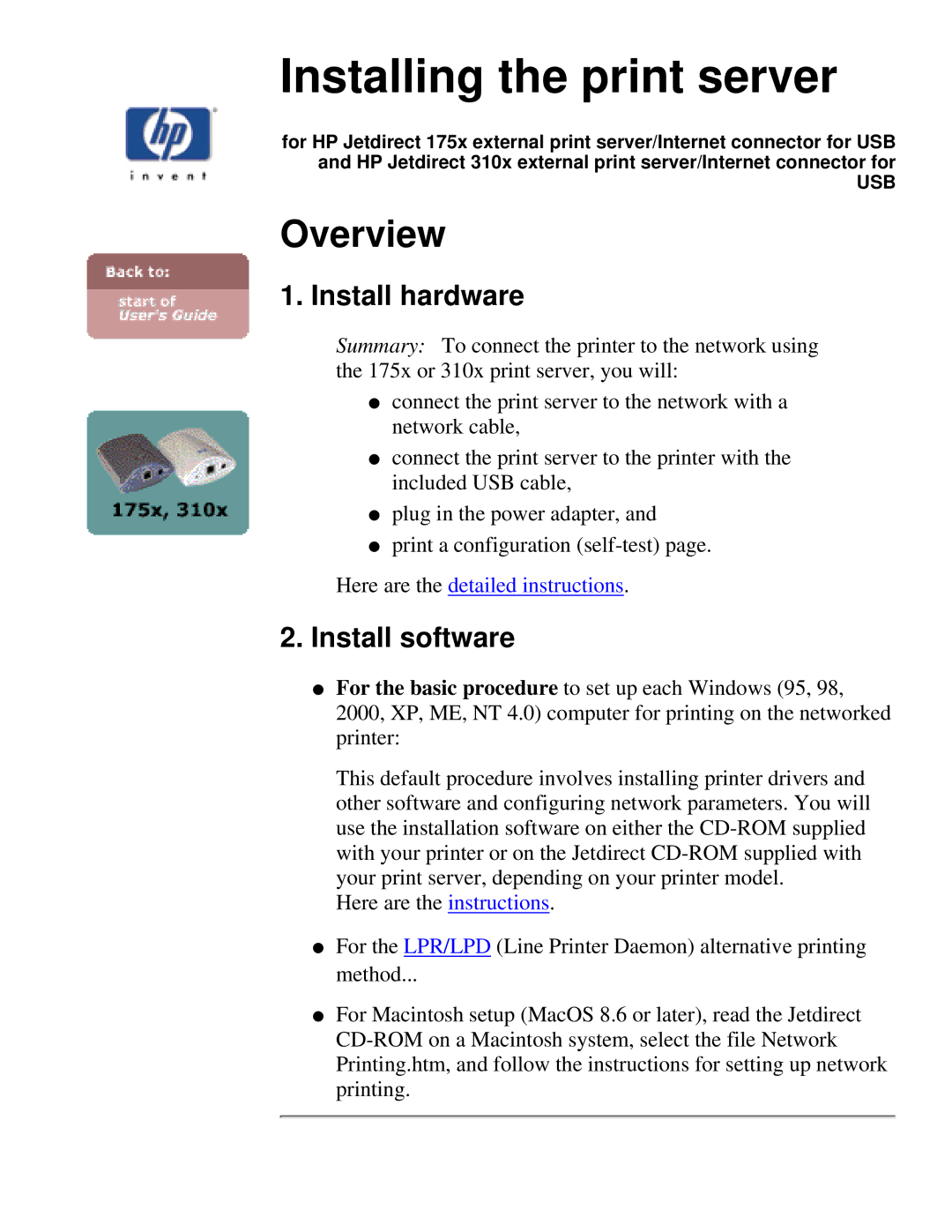 HP 310X, 175X manual Overview, Install hardware, Install software 