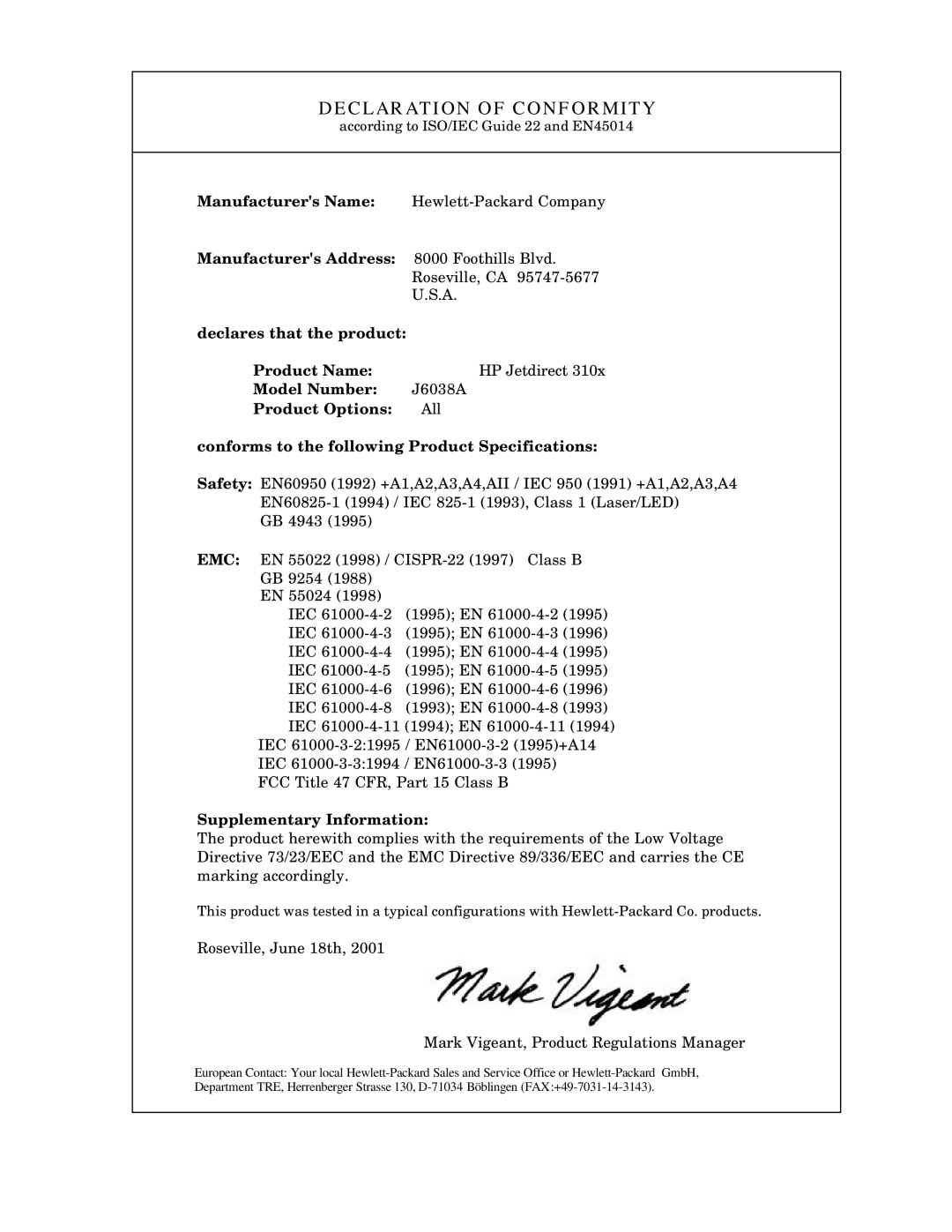 HP 310X, 175X manual Declaration of Conformity 