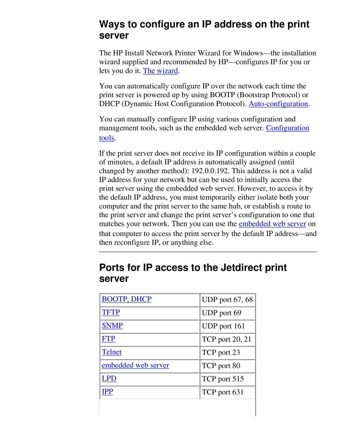 HP 175X, 310X manual Ways to configure an IP address on the print server, Ports for IP access to the Jetdirect print server 