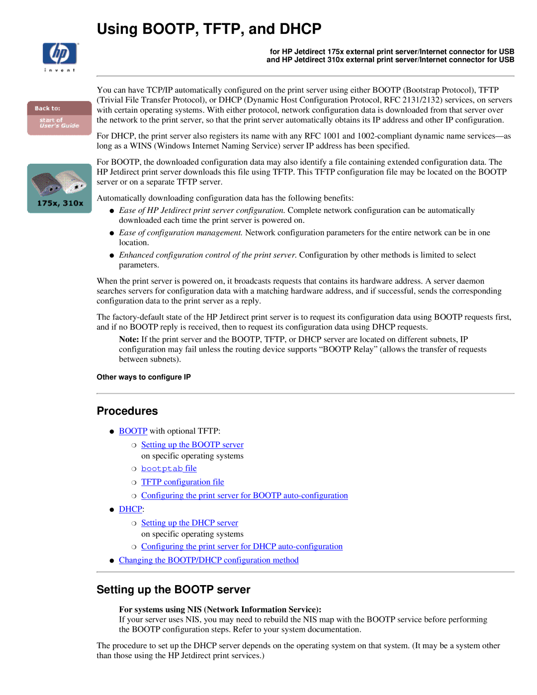 HP 175X, 310X manual Procedures, Setting up the Bootp server 
