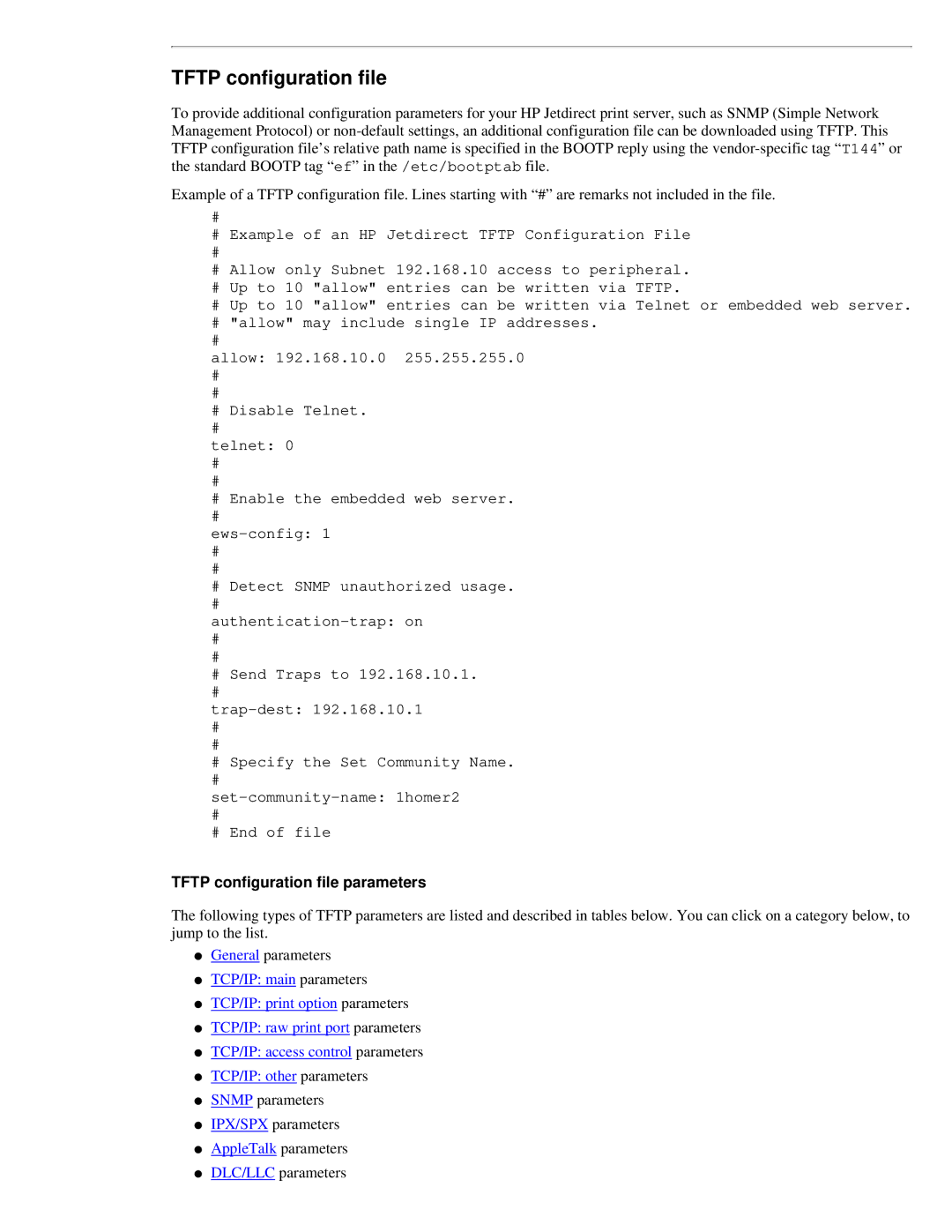 HP 310X, 175X manual Tftp configuration file parameters 