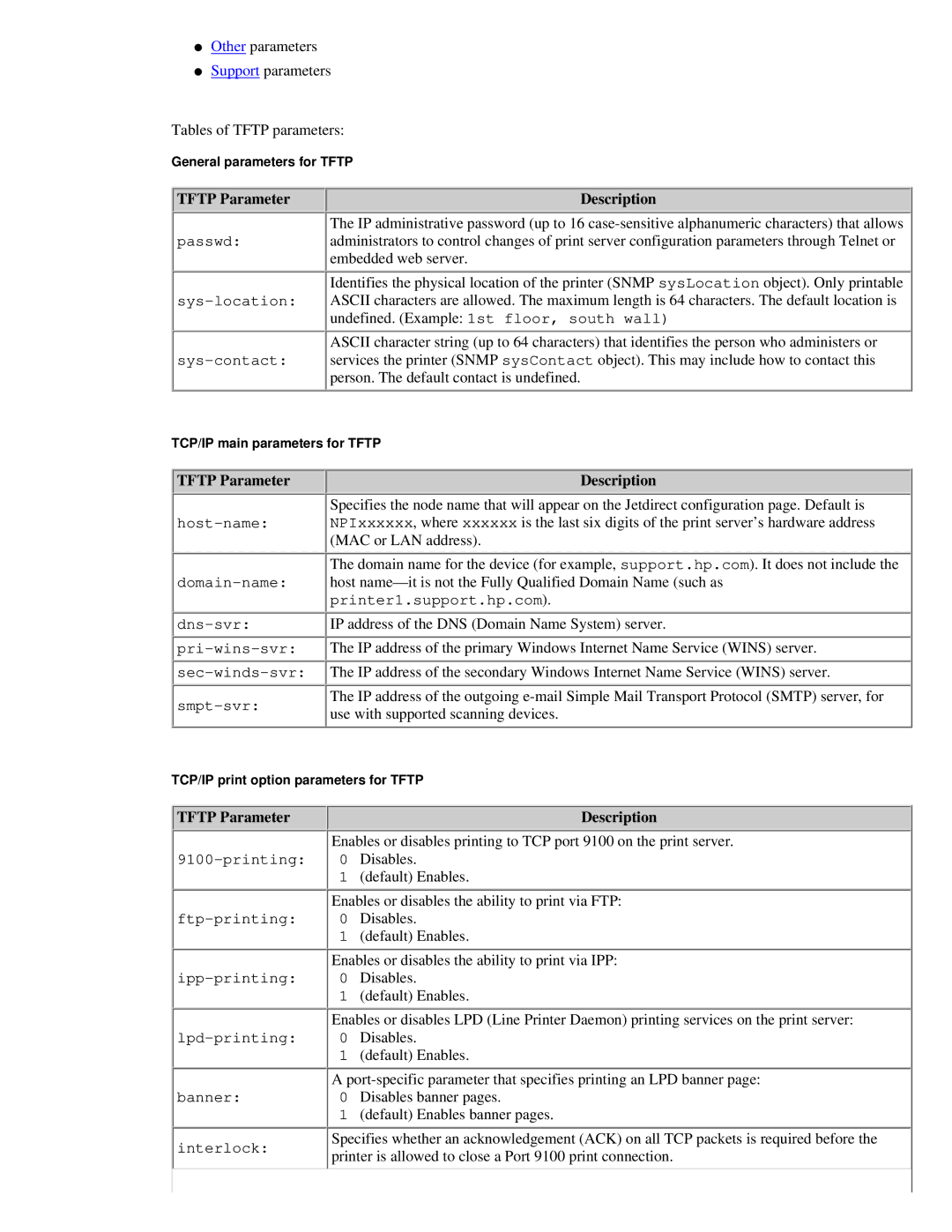 HP 175X, 310X manual Tftp Parameter 